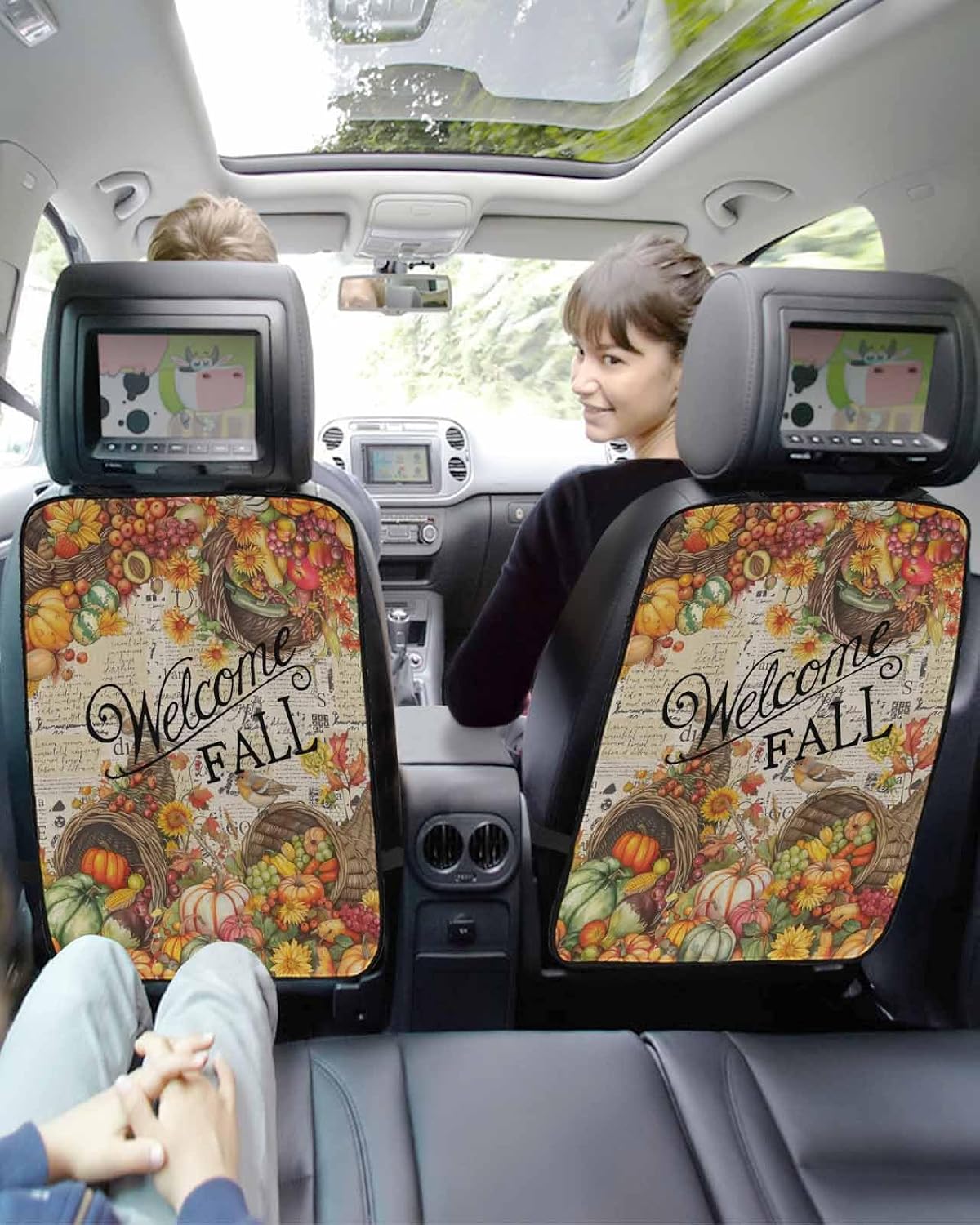 T&H XHome Car Seat Protector, 2 Pack Kick Mats Back Seat Protector Welcome Fall Various Fruits Basket Retro Newspaper Waterproof Backseat Cover for Kids Universal Fit Automotive Interior Protectors