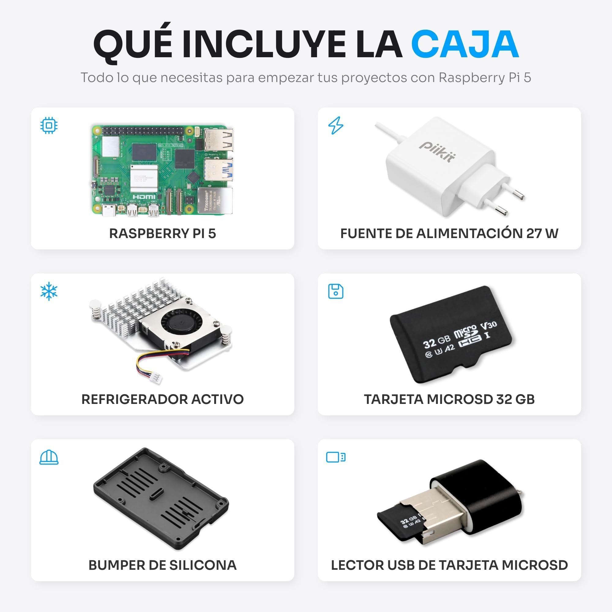Starter Kit para Raspberry Pi 5 2 GB - Edición Servidor | Tarjeta MicroSD 32 GB | Fuente de Alimentación 27 W | Active Cooler | Bumper de Silicona