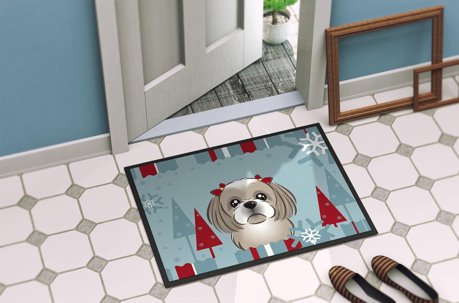 Caroline's Treasures BB1746JMAT Winter Holiday Gray Silver Shih Tzu Doormat 24x36 Front Door Mat Indoor Outdoor Rugs for Entryway, Non Slip Washable Low Pile, 24H X 36W