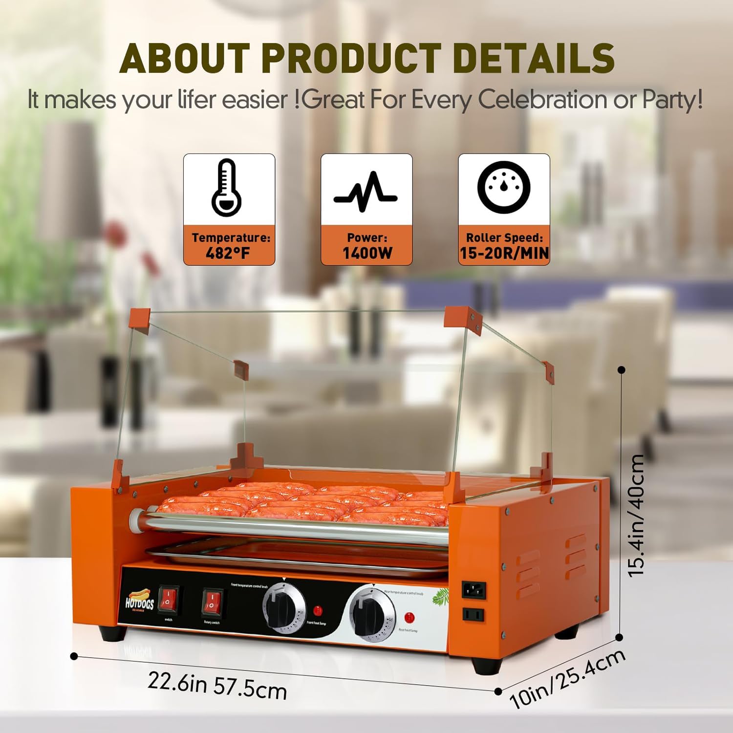 Hot Dog Roller Grill 1000W – Parrilla para salchichas con rodillo, control de temperatura dual, bandeja de goteo extraíble y cubierta, máquina calentadora perfecta para perros calientes para uso