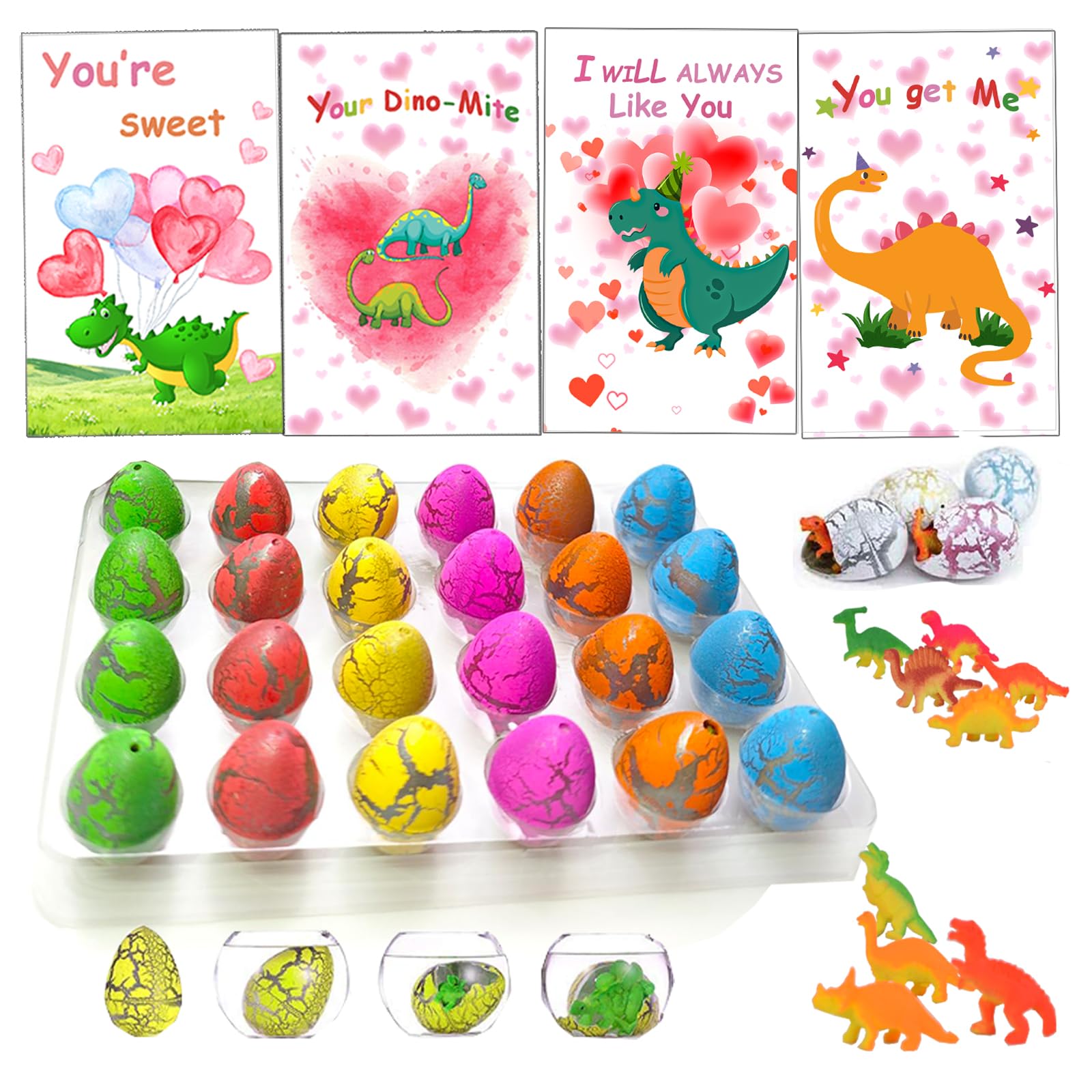 OceanWings Valentines Day Cards for Kids School - 24 Pack Hatching Dinosaur Eggs with Cards，Dinosaur Birthday Party Favors，Valentines Day Gifts for Boys Girls Classroom