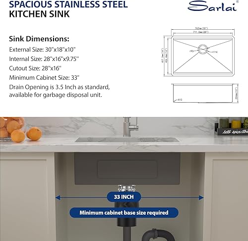 Miniatura 7 de Sarlai Fregadero de cocina de 30 pulgadas de acero inoxidable – Fregadero de cocina de 30 pulgadas con repisa de montaje inferior, estación de