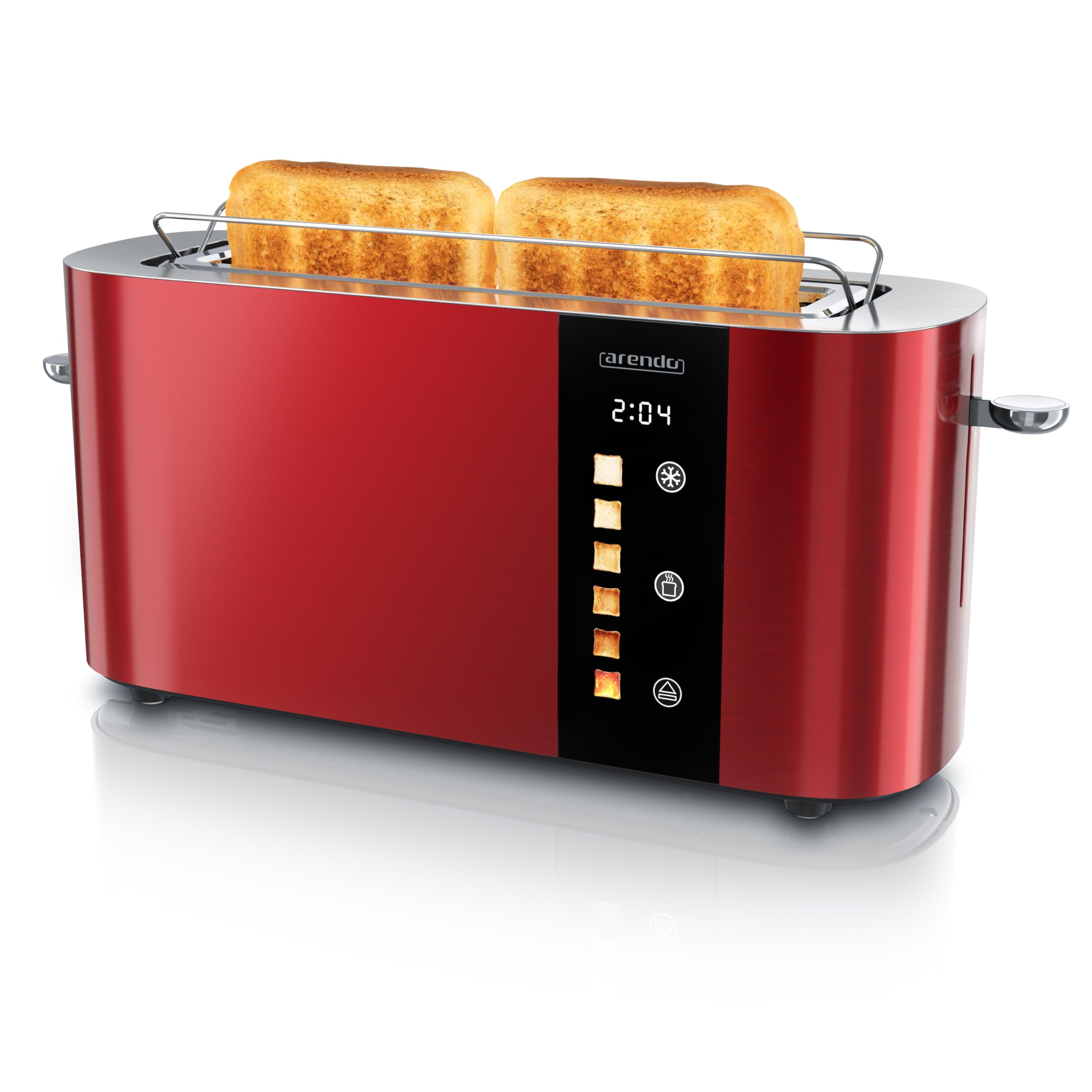Arendo - Edelstahl Toaster 2 Scheiben Langschlitz - Touchscreen – Doppelwandgehäuse – Integrierter Brötchenaufsatz – 6 Bräunungsgrade – Brotzentrierung – Restzeitanzeige – Memoryfunktion - Rot