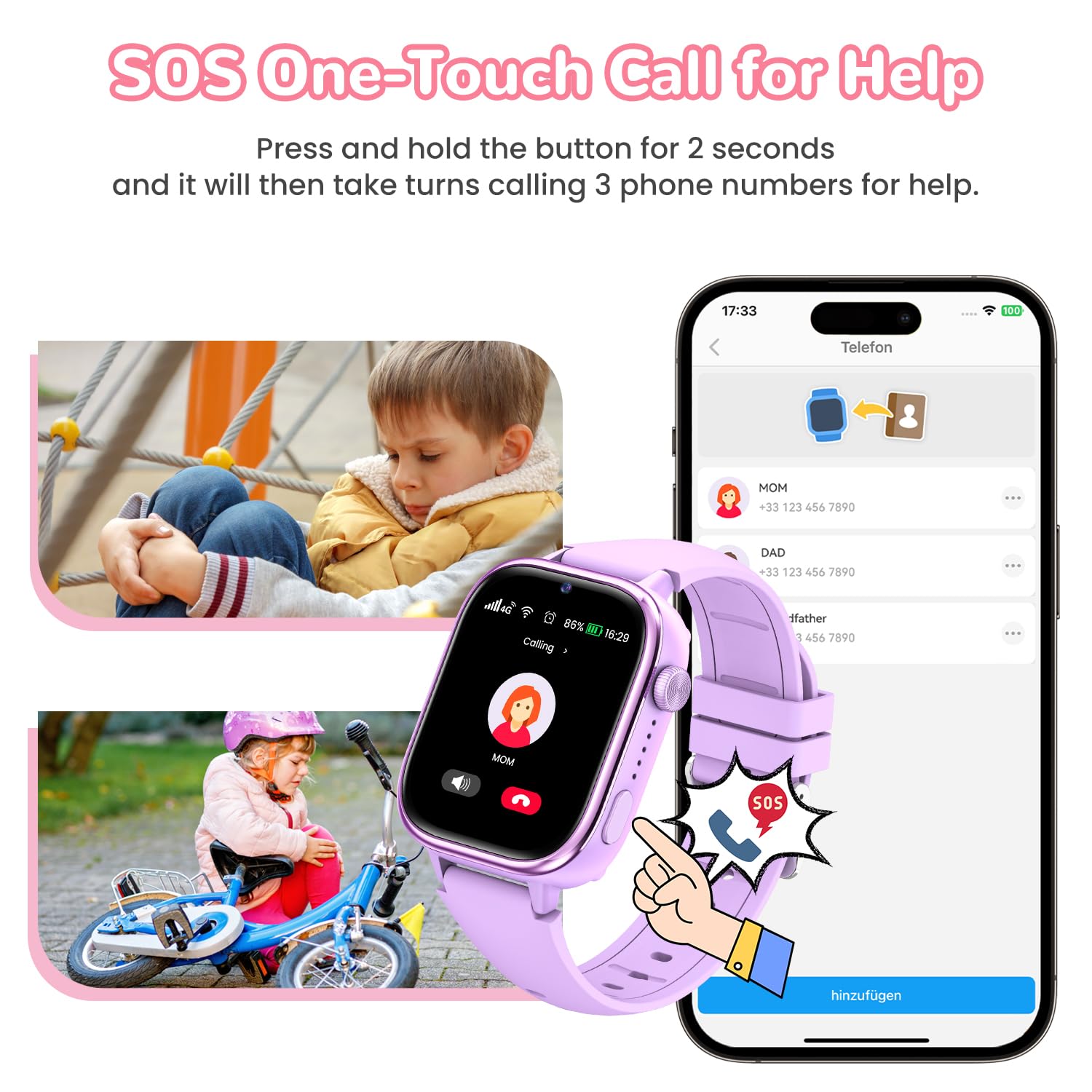 Minilandia 4G Smartwatch Bambini, Orologio Telefono Bambini con Videochiamate/GPS/SOS/Chat Vocale, Modalità Scuola, Sveglia, Contapassi, IP68 Impermeabile Smart Watch per Ragazzi Ragazze, Regalo Viola