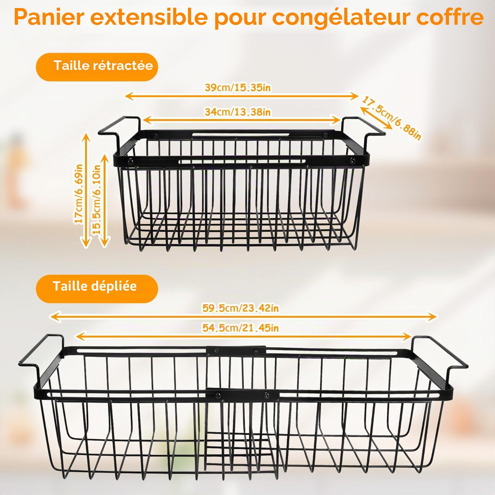 2 Pcs Panier Congelateur Coffre, Extensibles de 39 à 59,5 cm, Boite Rangement Congelateur Coffre Boite de Rangement pour Congelateur Coffre Trier les Produits Congelés (Noir)