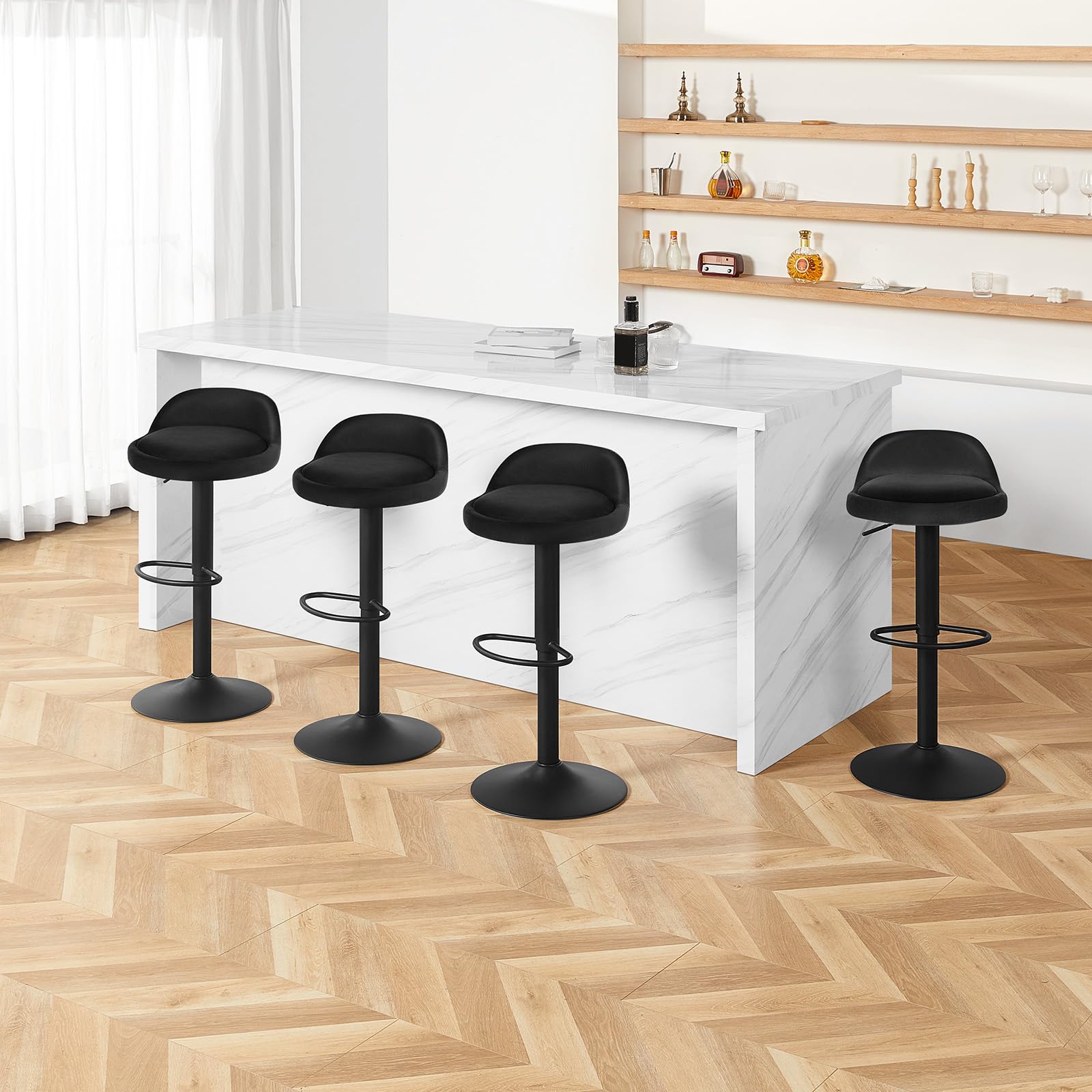 EUGAD Sgabelli da Cucina in Velluto con Poggiapiedi Sgabelli da Bar Moderni per Bancone Penisola Sedie Alte Girevoli Altezza Seduta Regolabile 62-84cm, Nero 2 Pezzi 0824BY-2