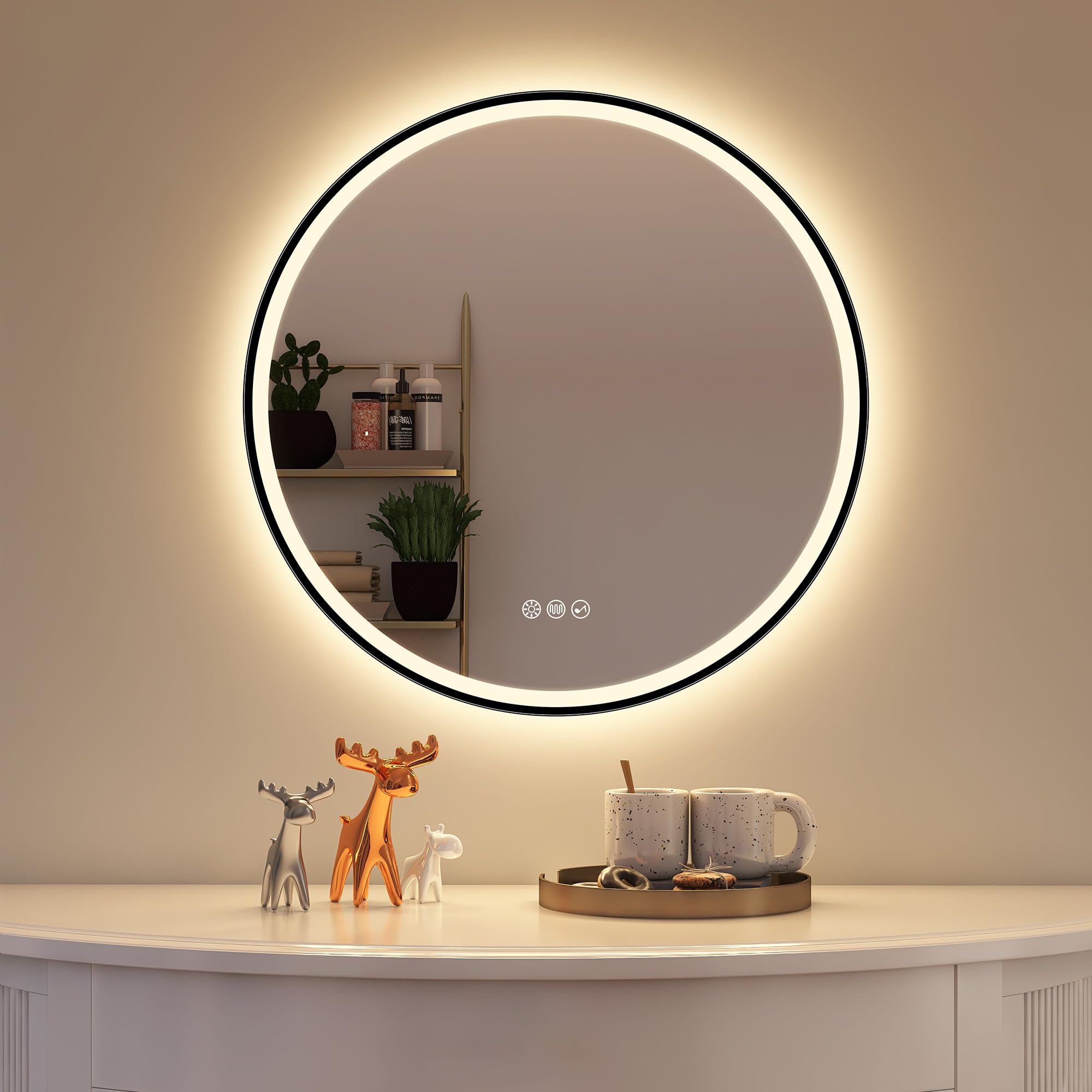 STARLEAD Zwarte ovale spiegel, badkamer, met verlichting 80 x 50 cm, Bluetooth, anti-condens, dimbaar, 3 lichte kleuren, geheugen, IP44, gehard glas, horizontaal/verticaal, niet-metalen frame