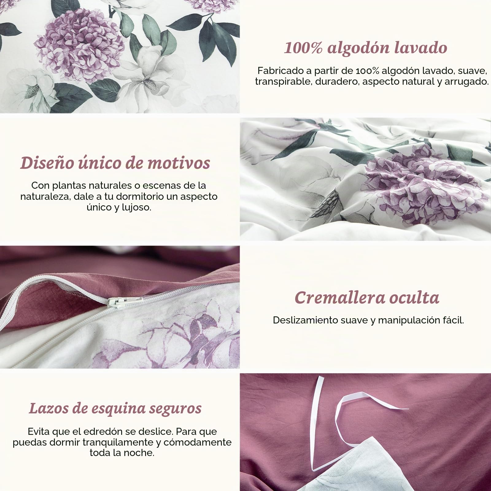 MILDLY Funda de edredón 220x240 de algodón con flores de hortensia violeta, 100% algodón lavado, textura de lino, certificado Oeko-TEX, juego de cama tropical con flores 220x240 de algodón con 2
