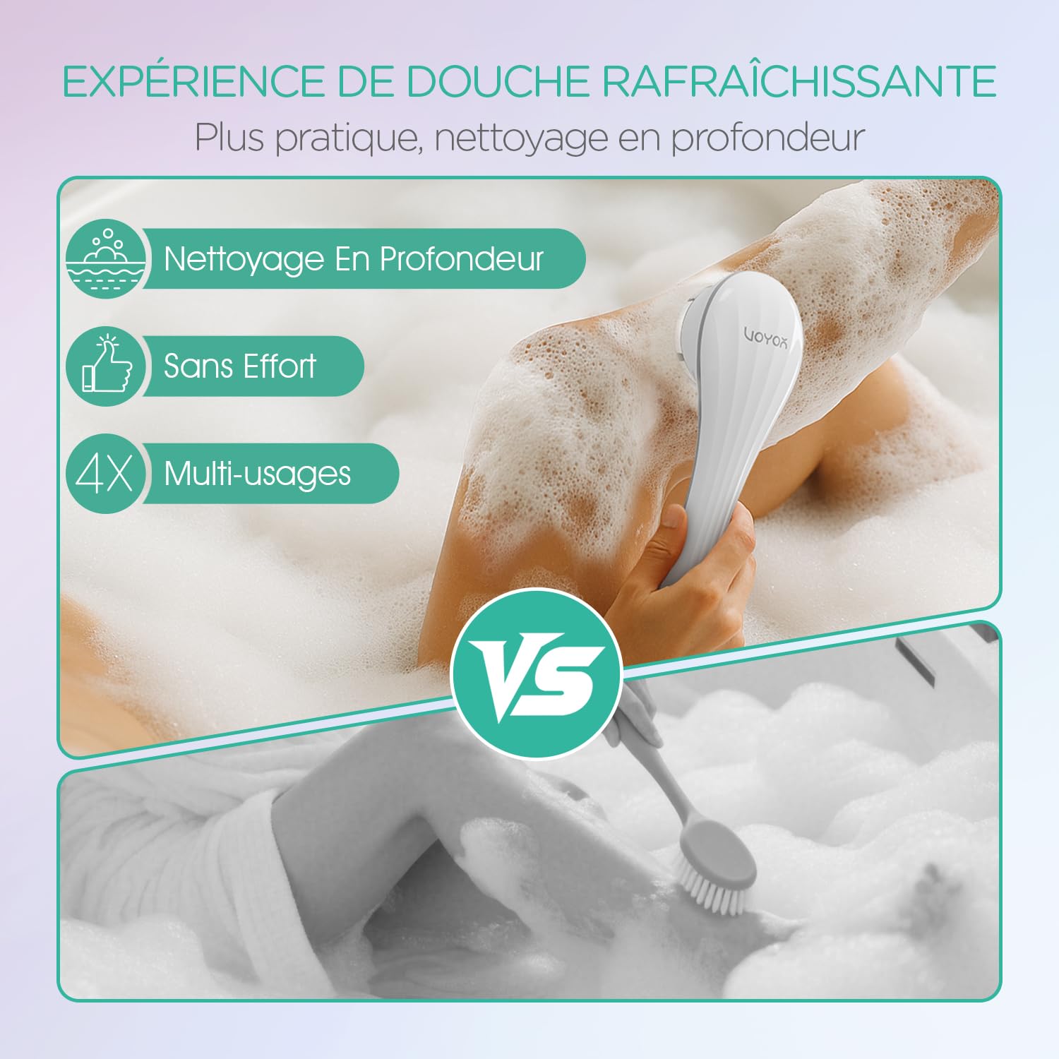VOYOR 4 en 1 Brosse Dos Douche Électrique Brosse Douche pour Le Dos avec Manche Long pour Femme Homme Exfoliant, Nettoyage De La Peau, Massage Rechargeable Sans Fil BC100 (Gris)