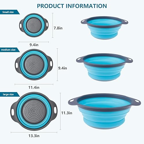Miniatura 2 de Juego de 3 coladores plegables  redondo de silicona en la cocina, coladores de alimentos, escurridor, cesta azul para drenar pasta, verduras, frutas