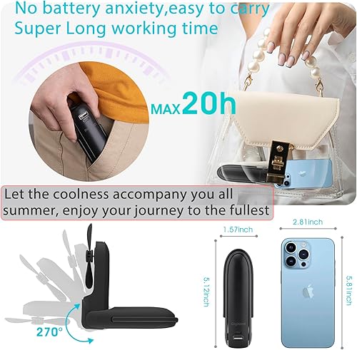 Miniatura 5 de Mini ventilador de mano recargable con batería 2000mAh 6in1 forma de bala Ventilador personal portátil 3 velocidades con linterna (negro)