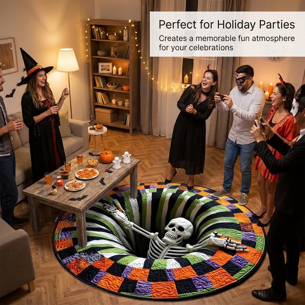 TFixol Okrągły dywan 3D Halloween z iluzją optyczną, szkielet 3D