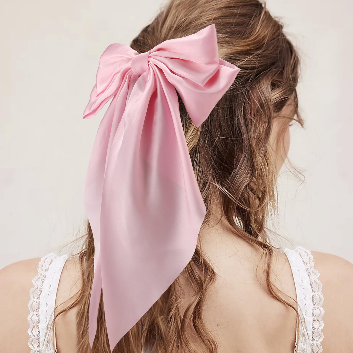 Amazon.com : ATODEN Silky Satin Hair Bows Pink Beige 2Pcs  display picture 2