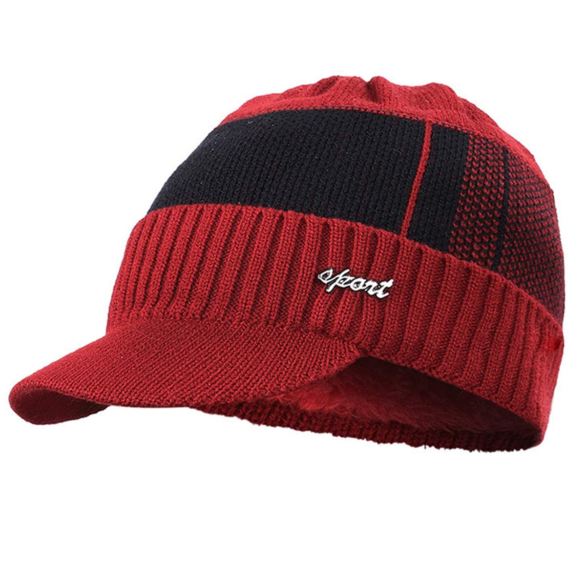 Yixda Men's Winter Warm Beanie Hat Knitted Hat Cap with Peak, wine red, One Size