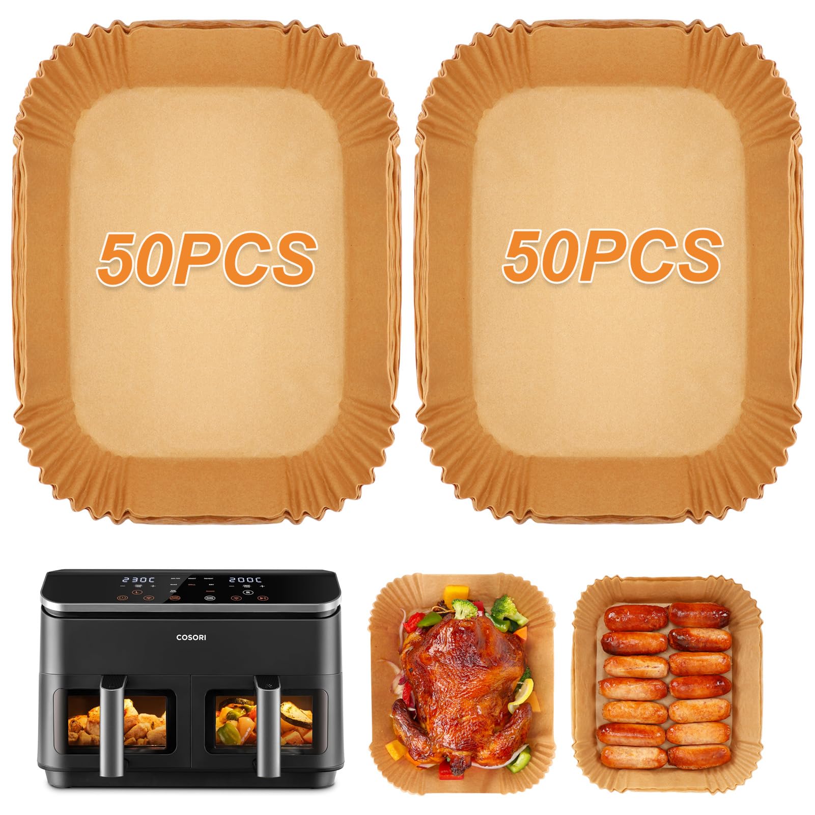 BYKITCHEN Backpapier für Heißluftfritteuse COSORI 2 Kammern, Dual Zone Air Fryer 8,5 L, Airfryer Backpapier für Cosori CAF-R901-AEU, Airfryer Zubehör für Heißluftfritteuse Doppel Basket (100 Stück)