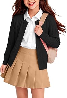 Girl Cardigan Sweater Long Sleeve School Uniform | Cable Knit Button Cardigan, for Kids 3T-12 Years, Slim Fitted Crew Neck Sweater, Soft Warm Jacket, Fall Winter Clothes