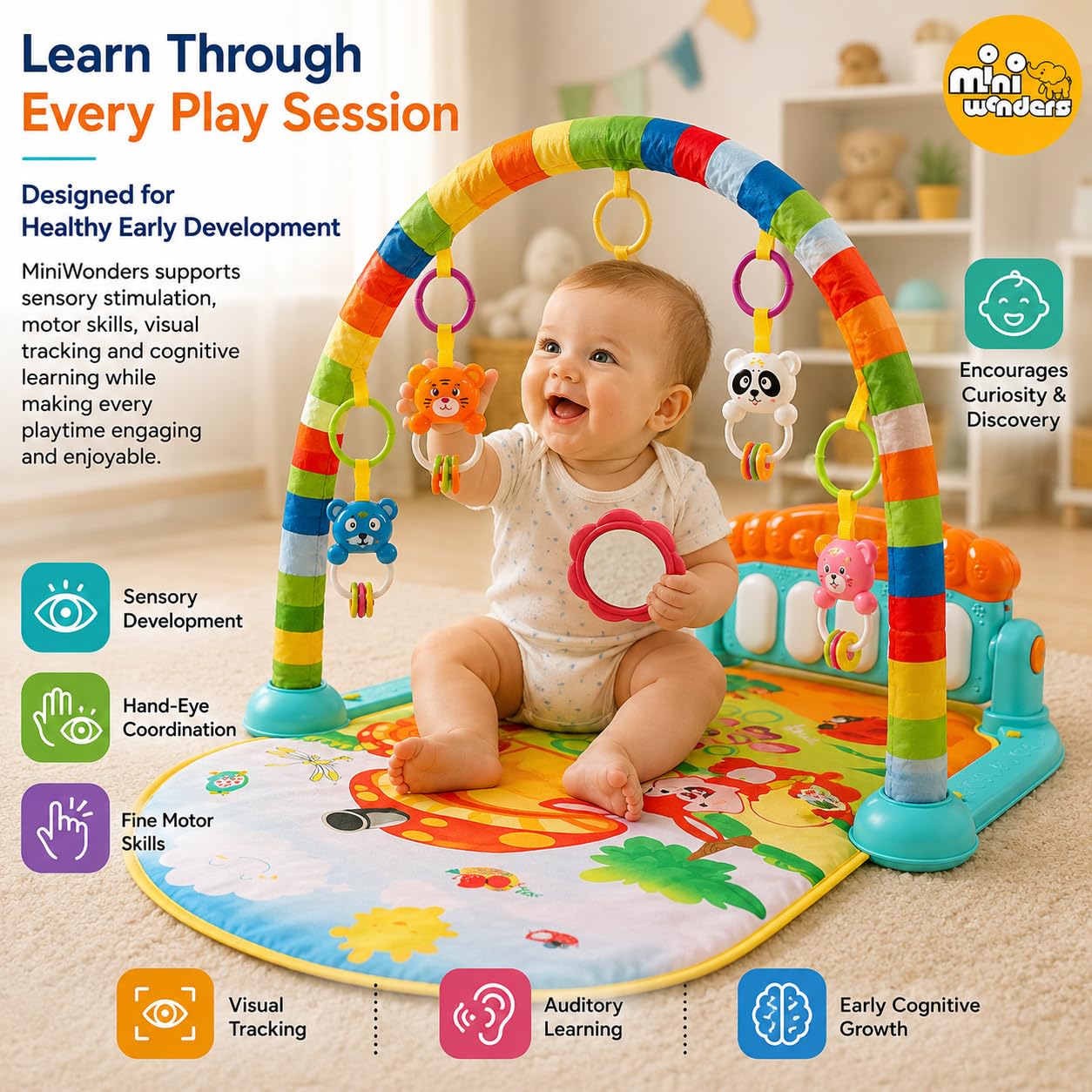 Mini Wonders Baby Gym Play Mat with Hanging Toys | Tummy Time Activity Gym for Newborns | Soft Mat with Rattles & Mirror | Sensory Development Toy 0-12 Months 3