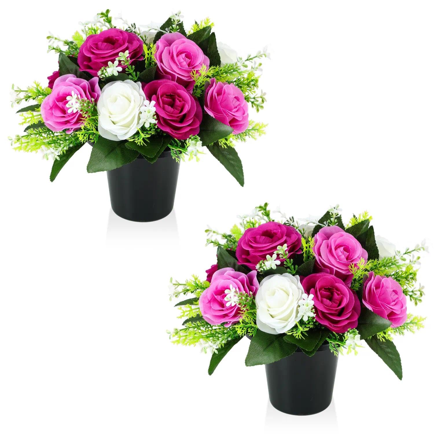2 Pcs Artificial Flowers for Graves Pots, Purple Lilac White Roses