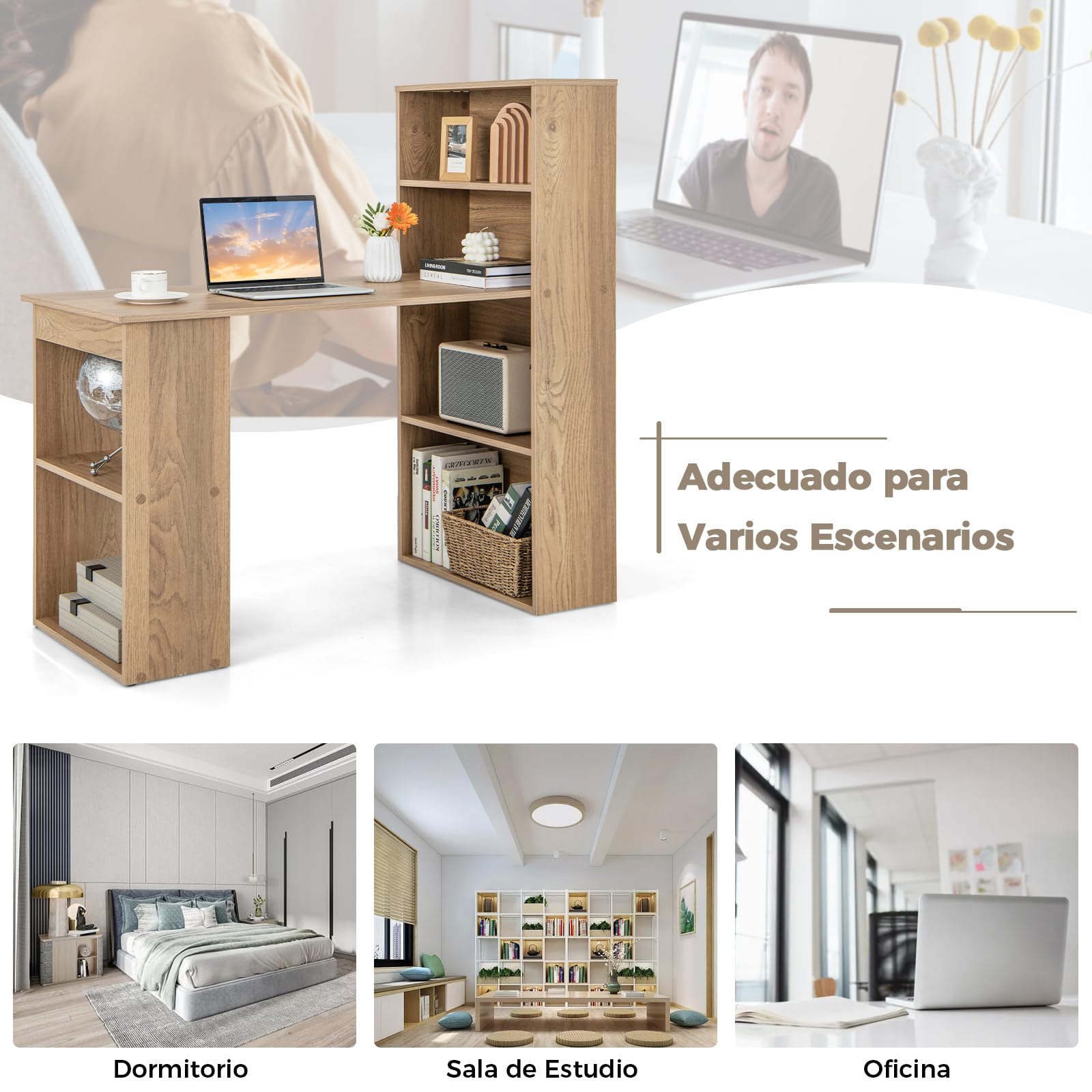 COSTWAY Escritorio con Estanteria, Mesa Escritorio 120 cm, 6 Estantes de Almacenamiento, Mesa Ordenador Reversible Oficina/Dormitorio (Natural)