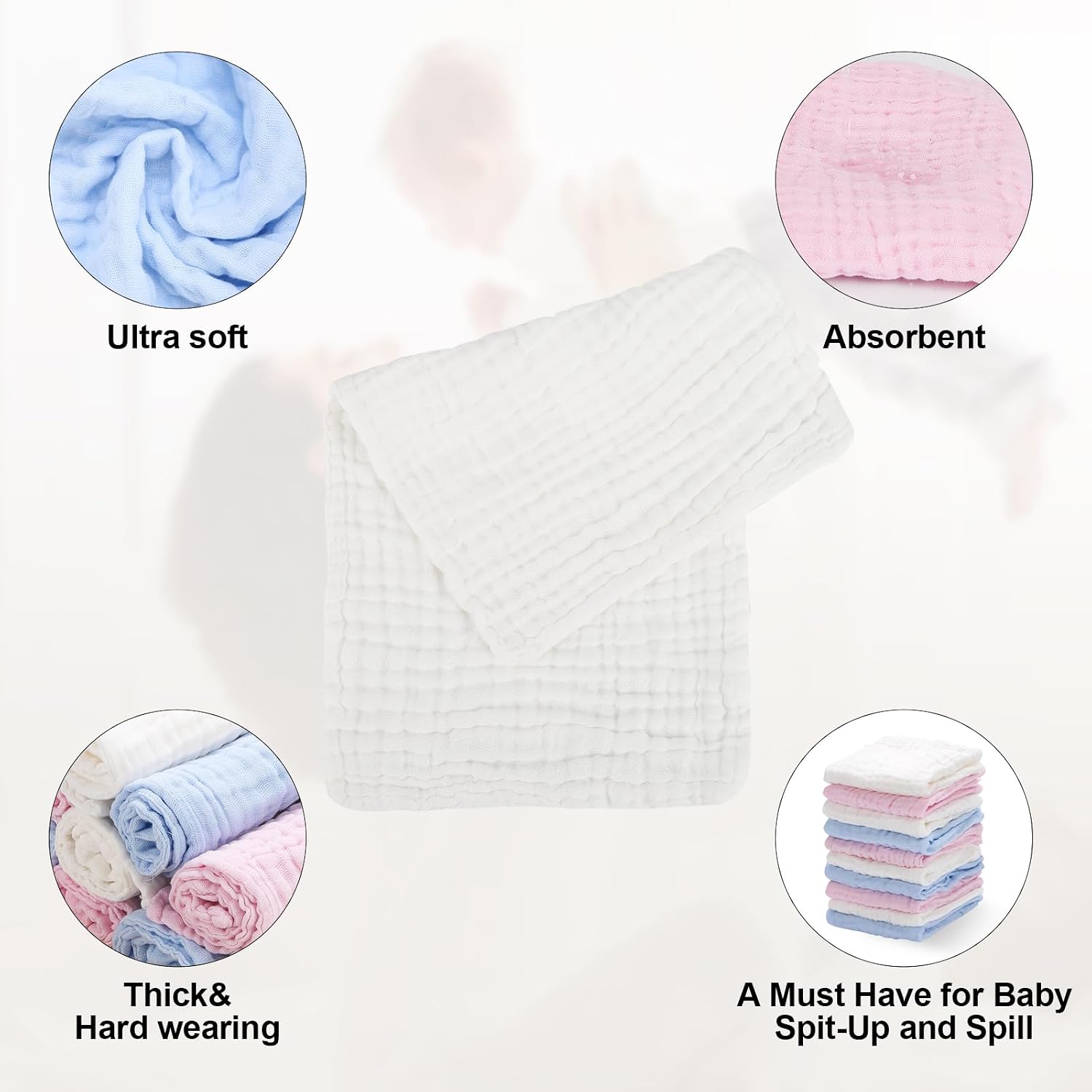 10 Pack Muslin Burp Cloths - 17"x9" 6-Layer 100% Cotton - Ultra Soft & Super Absorbent for Baby Spit Up & Drool - Gentle Burping Cloths for Newborn Boys & Girls, Essential Baby Items