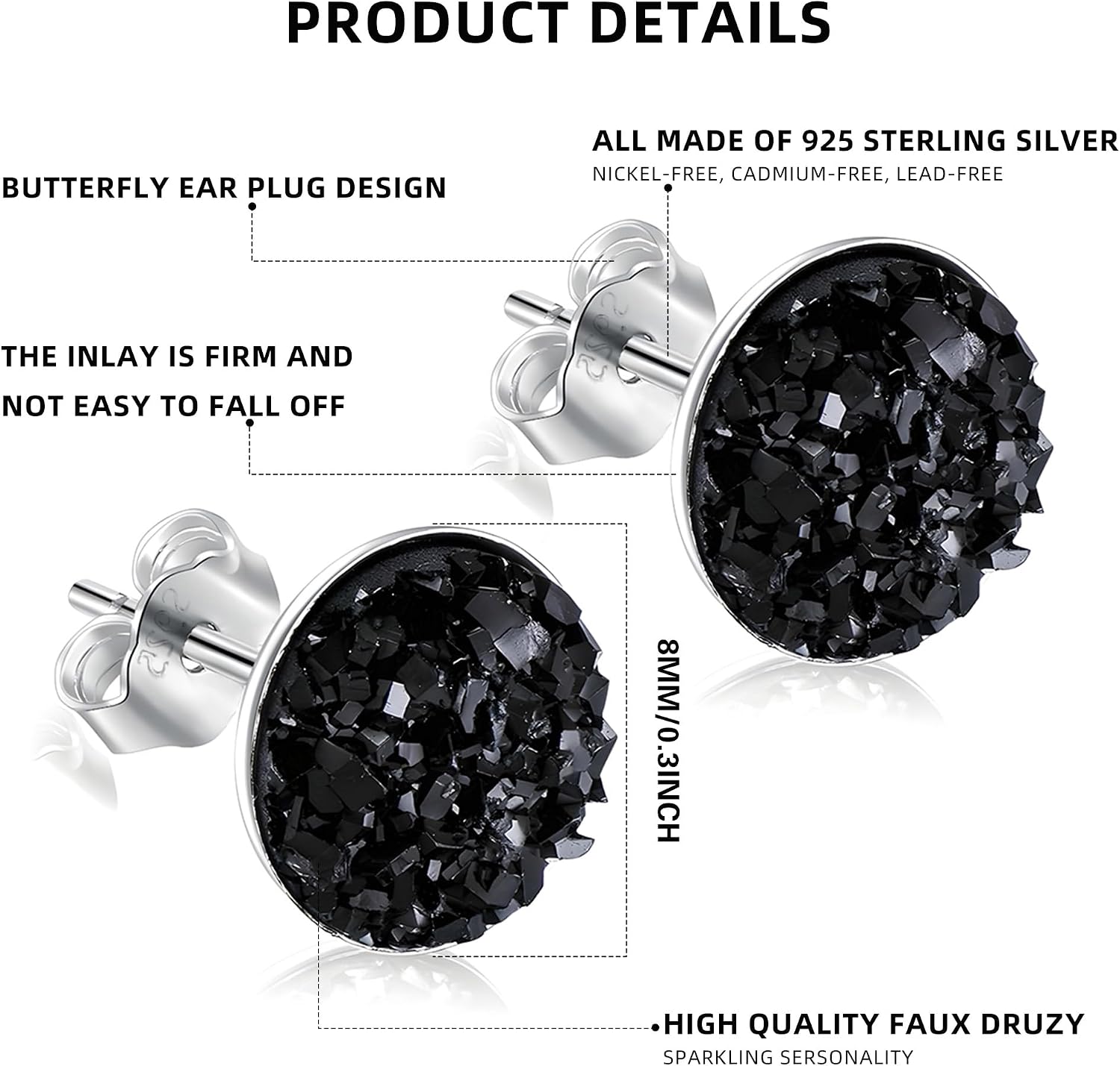 925 Sterling Silver Stud Earrings,Black Purple Blue 8 Color Options Silver Stud Earrings,Round Druzy Earrings Hypoallergenic for Women Men