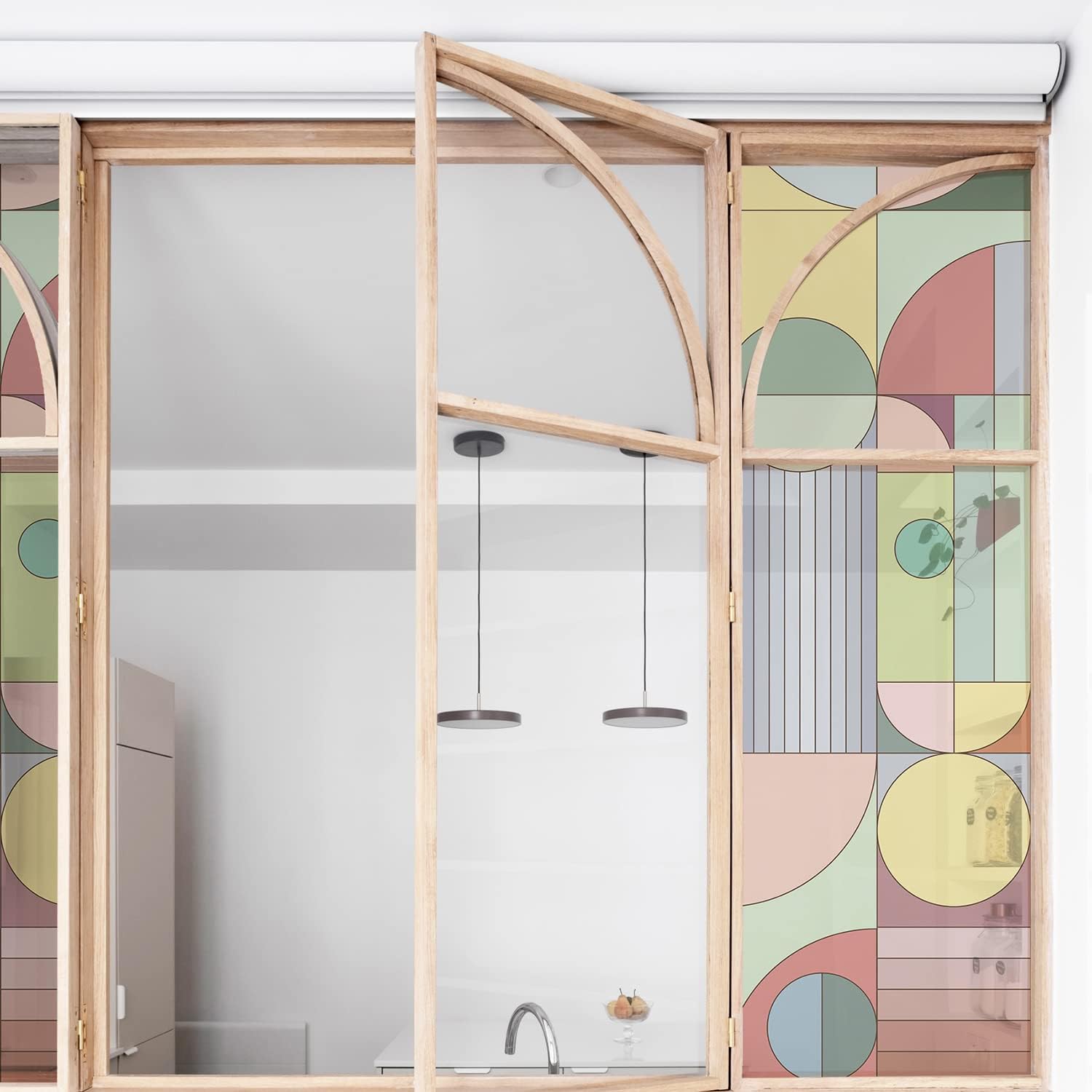 Vintage Modern Geometric Transparent Window Film, Removable Static Cling Double-Sided Decal Clings for Glass Windows Door Decor, Bauhaus Pastel, 17.72x122.05 Inch Pastel Bauhaus 17.72''x122.05''