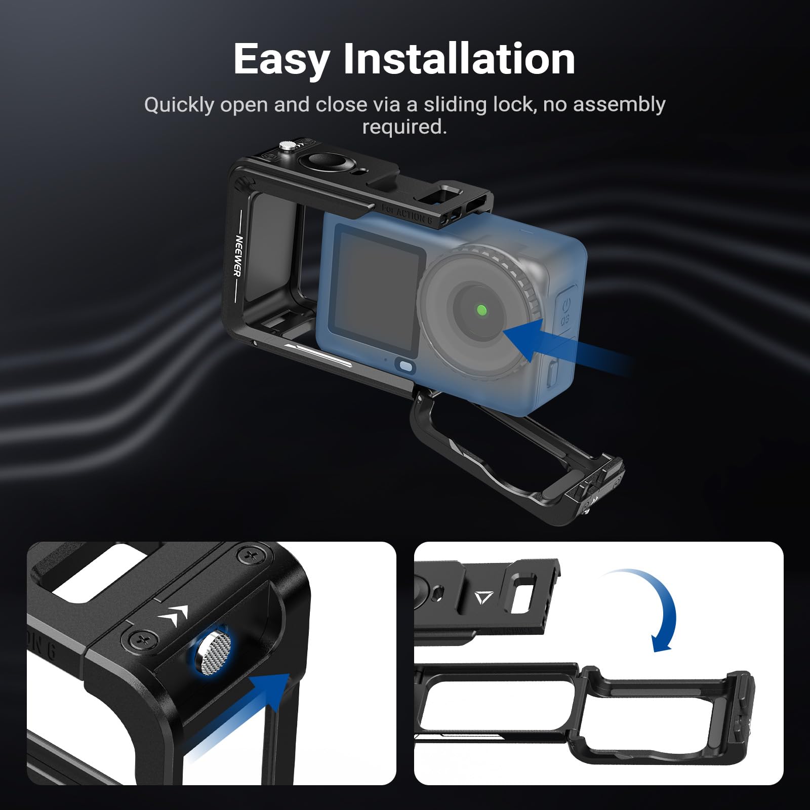 NEEWER Klatka na kamerę do Osmo Action 6, lekki metalowy stabilizator wideo z zimną stopką i gwintem 1/10.2 cm, kompatybilny z mikrofonem DJI Quick Release, magnetyczny adapter, akcesoria do kamer