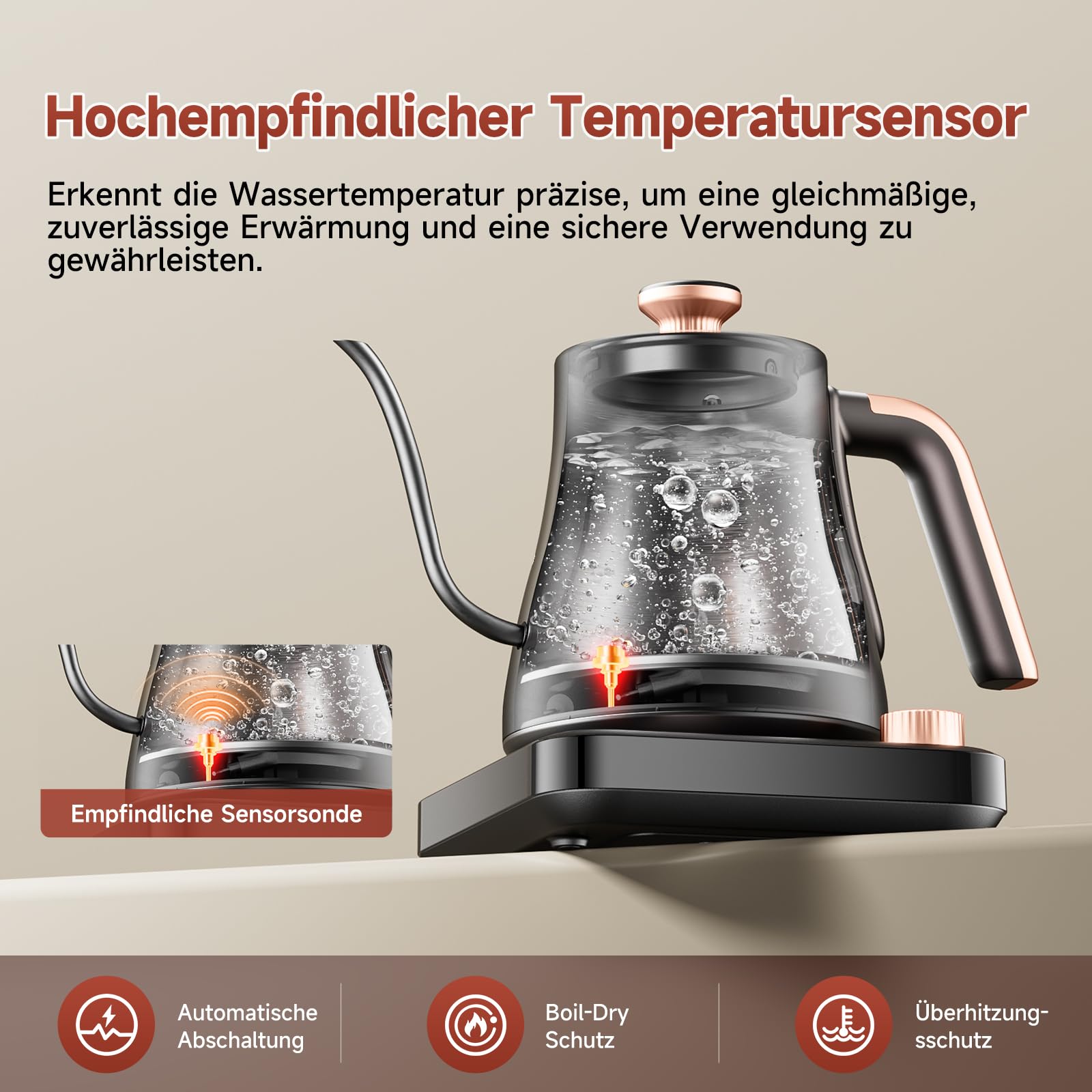 OLEGA wasserkocher schwanenhals: 1200W wasserkocher mit temperatureinstellung, 0.8L Edelstahl schwanenhals wasser kocher, LED-Anzeige & Warmhaltefunktion kettle, Geeignet für Kaffee und Tee, schwarz