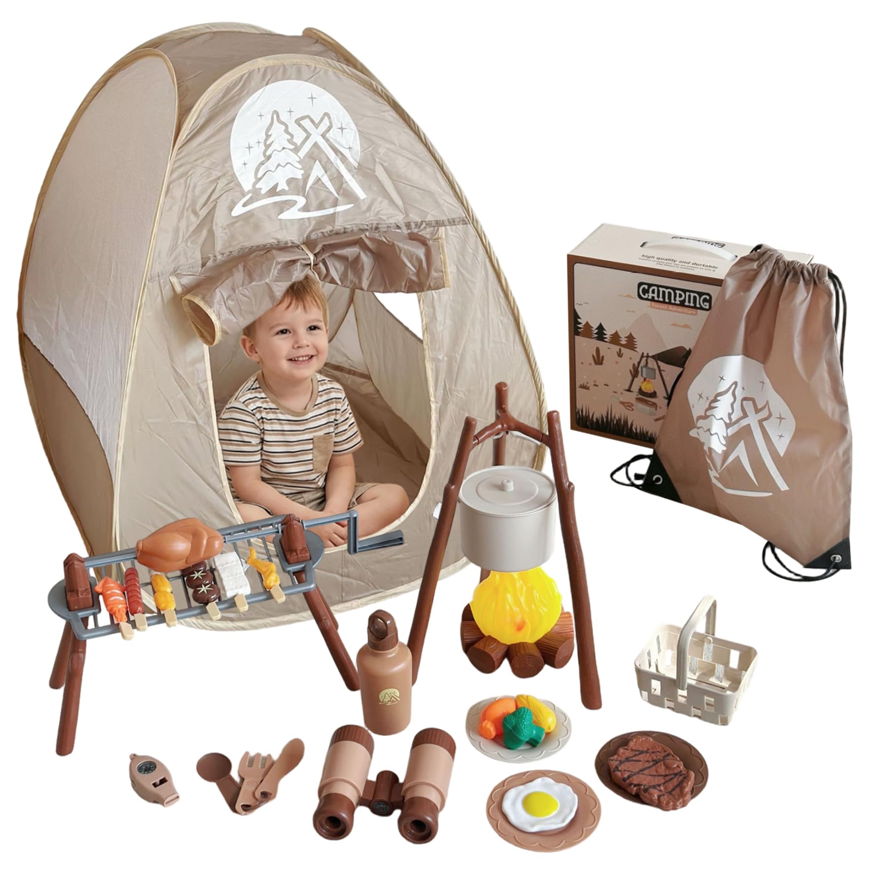 Juego de camping para niños – 34 piezas de juguetes de juego de simulación con tienda emergente y fogata simulada, de camping para niños pequeños para juegos de rol en interiores y exteriores