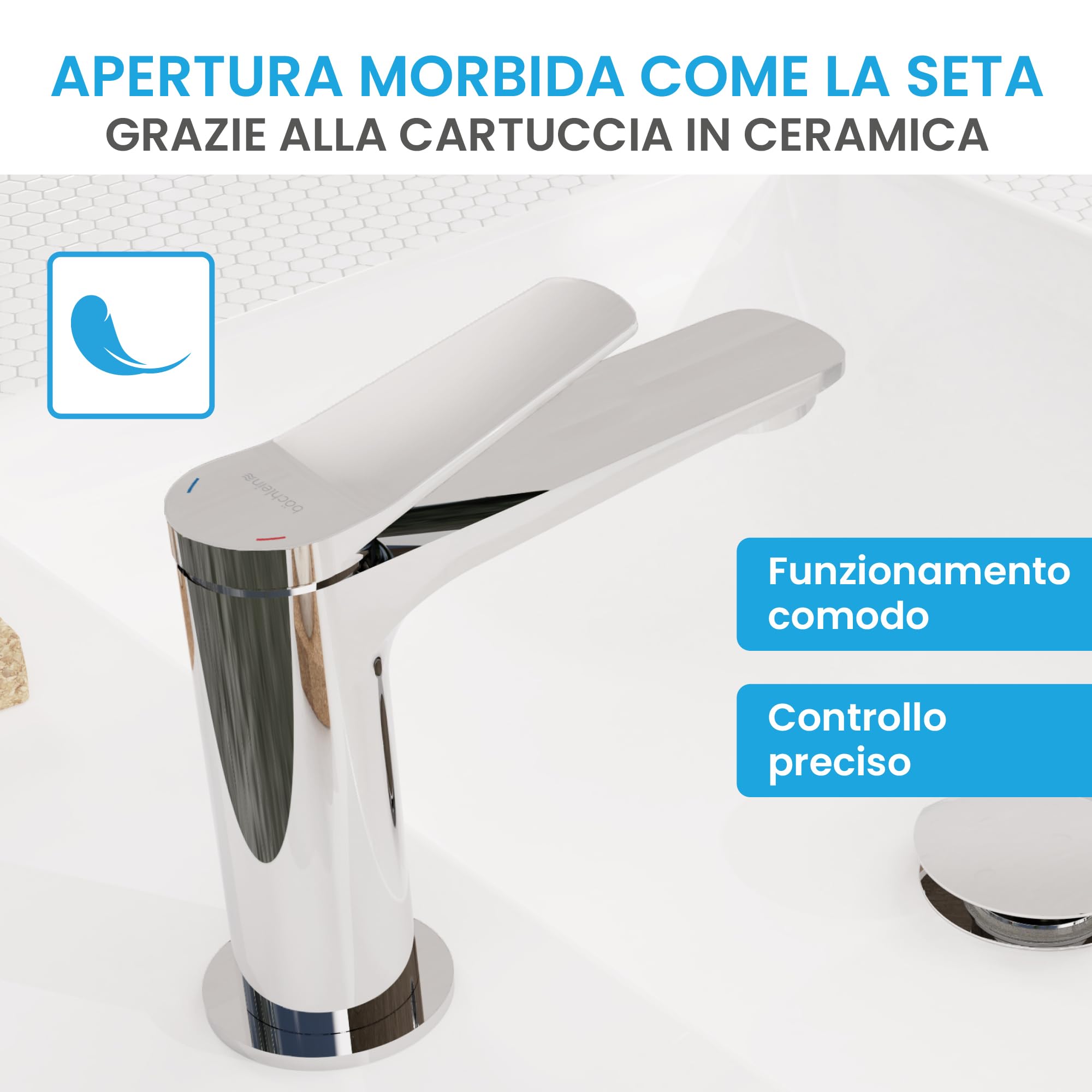 Bächlein Rubinetto da bagno Aldeya dal design moderno, miscelatore monocomando con cartuccia in ceramica durevole e kit di montaggio, rubinetto da bagno cromato