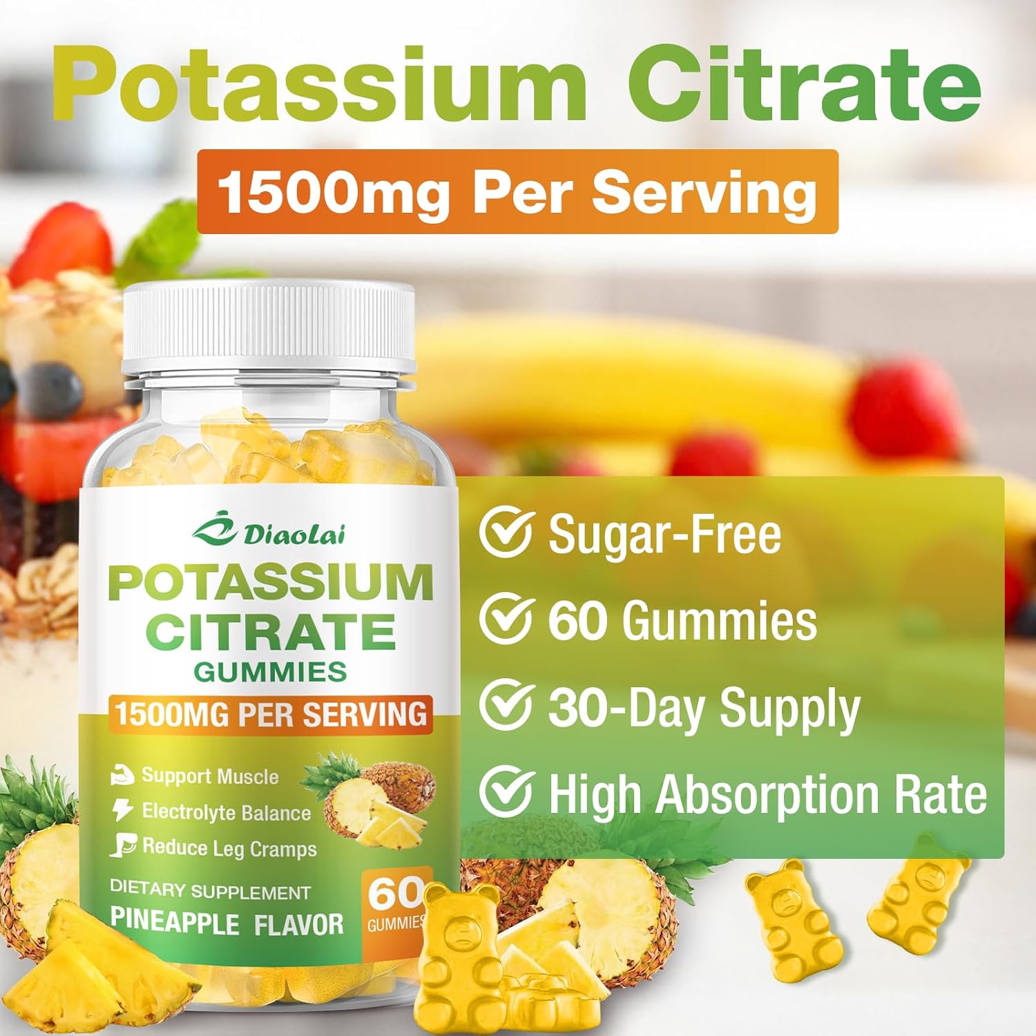 Potassium Citrate 1500mg Gummies - Potassium Supplement for Women & Men, Supports Leg Cramp Relief & Muscle Health, Vegan, Pineapple Flavor (120 Count)
