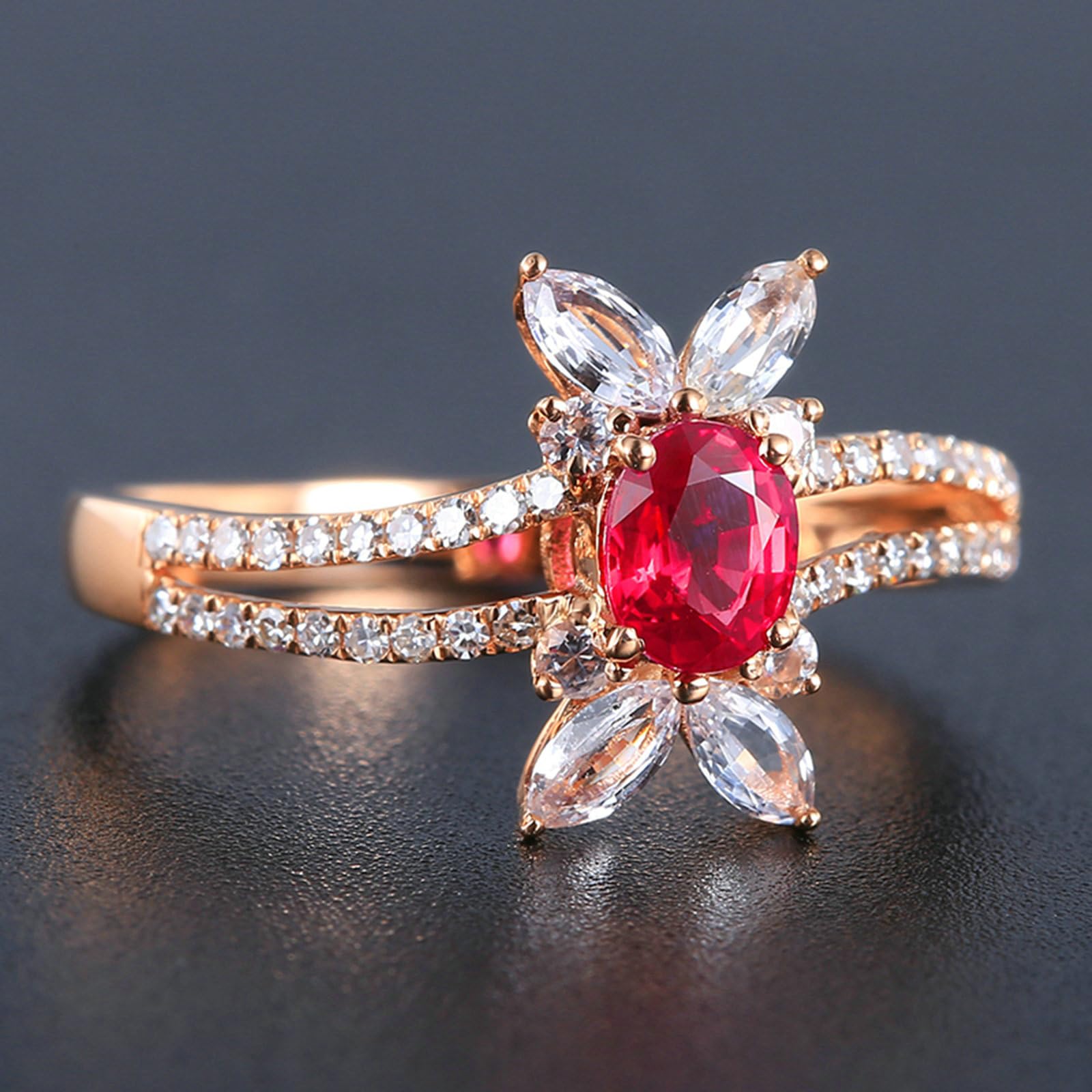Anillos de compromiso de oro rosa de 9 quilates para mujer, anillo de boda para mujer, diseño hueco, ovalado de 4 puntas, rubí rojo creado en laboratorio de 0,57 quilates, anillo de moissanita