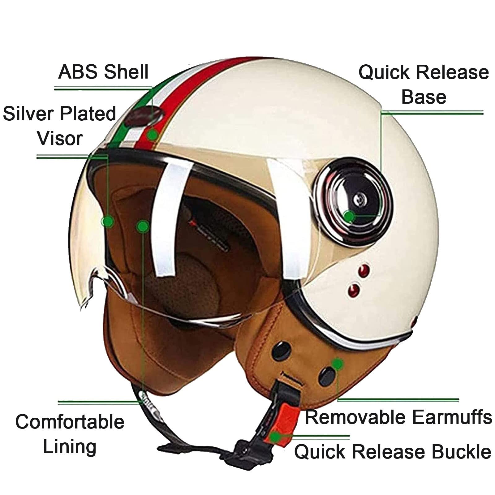 Motorhelm Retro 3/4 Open Helm met Vizier, Volwassenen Half Gezicht Motorhelm voor Mannen Vrouwen Scooter Chopper Jet Pilot ATV Cruiser, DOT Goedgekeurde Helm (Color : B, Size : L=59-60cm
