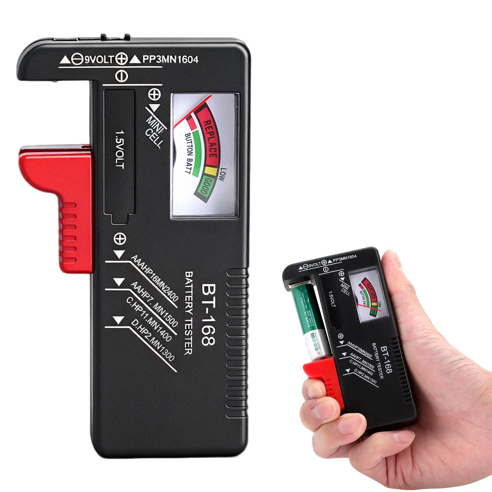 Tester Batterie BT-168 Analogico – Per AA AAA C D 9V, Senza Alimentazione, Scala Colorata, Compatto Per Casa