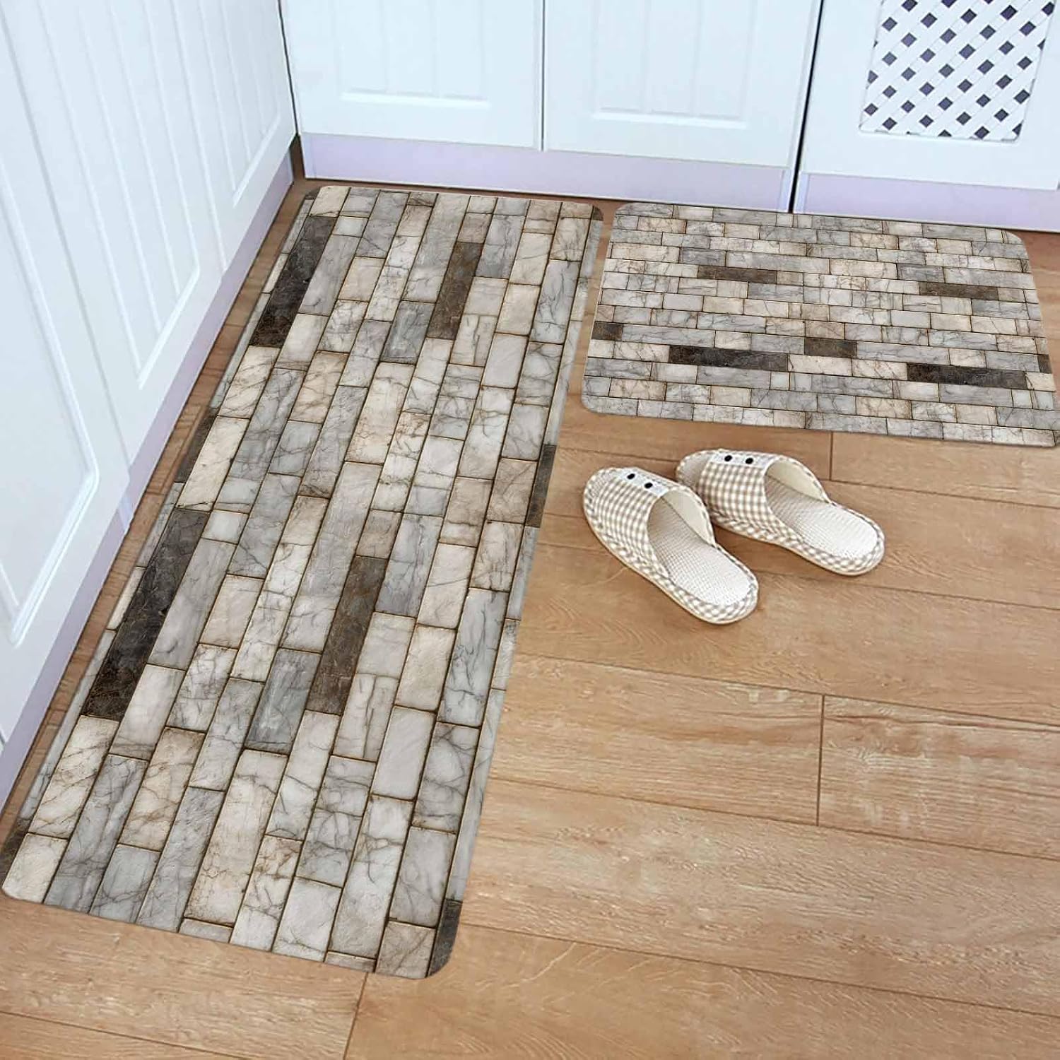 Beige Brown Marble Kitchen Rugs and Mats Set of 2, Non-Slip Kitchen Sink Mat, Simple Vintage Brick Stone Wall Washable Doormat Bathroom Rugs Runner for Bedroom/Living Room 19.7"x23.6"+19.7"x47.2"