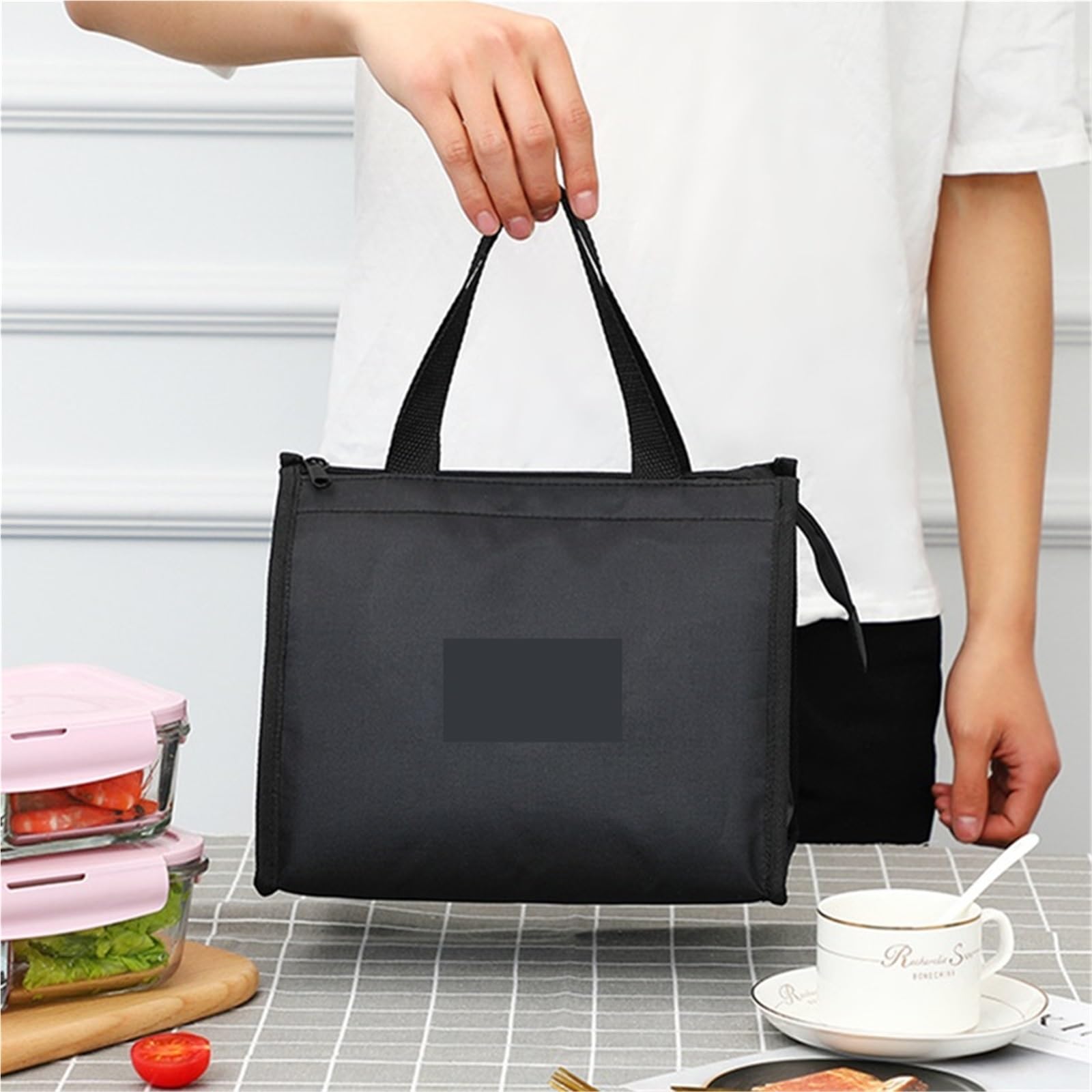 Bolsa térmica portátil, Bolsa de almuerzo portátil con aislamiento, paquete 2, color negro y azul for mujer. Picnic viaje trabajo(Black.)