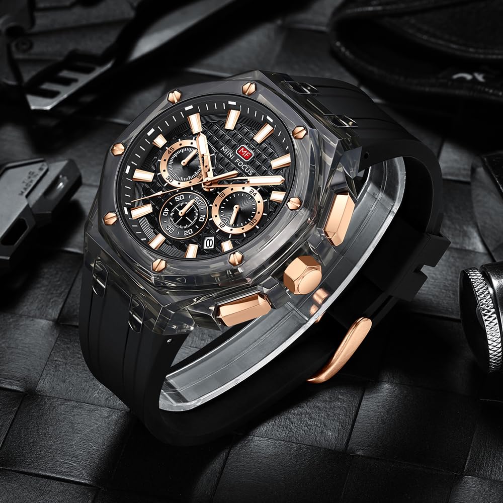Mini Focus - Reloj de Pulsera para Hombre, multifunción, Transparente, analógico, Correa de Silicona, Calendario, Cuarzo, Resistente al Agua, para Hombre