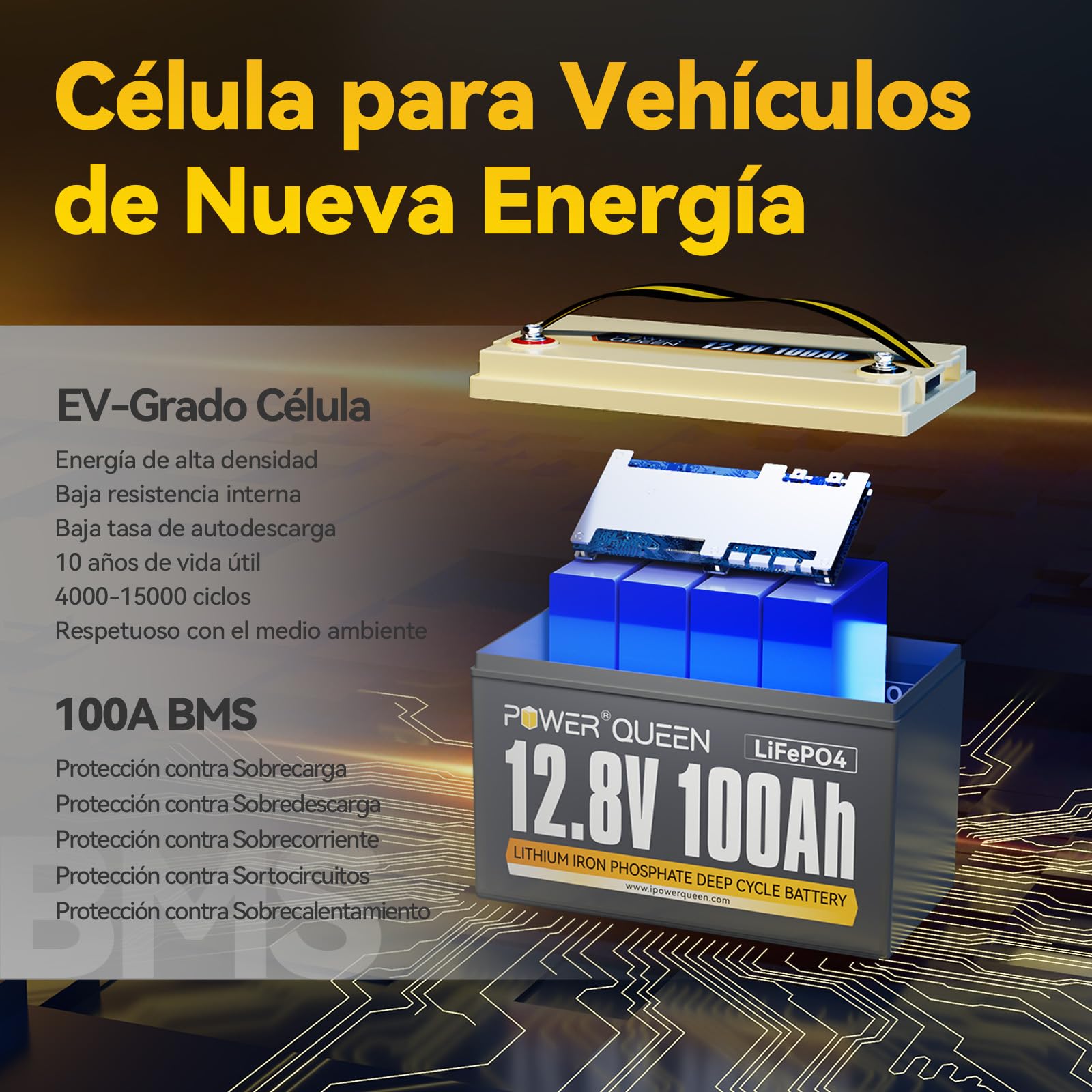 Power Queen 12V 100Ah Grupo 31 Batería LiFePO4,Litio para Caravana Barco | 100A BMS,4000-15000 Ciclos Profundos,1280Wh,Wasserdicht nach IP65,Max.4P4S para Camping,Sistema Solar,Vida Fuera de La Red