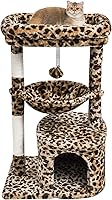 SYANDLVY Small Leopard Print Cat Tree - Modern Tower with Scratching Posts, Padded Perch, Cave & Cradle for Kittens