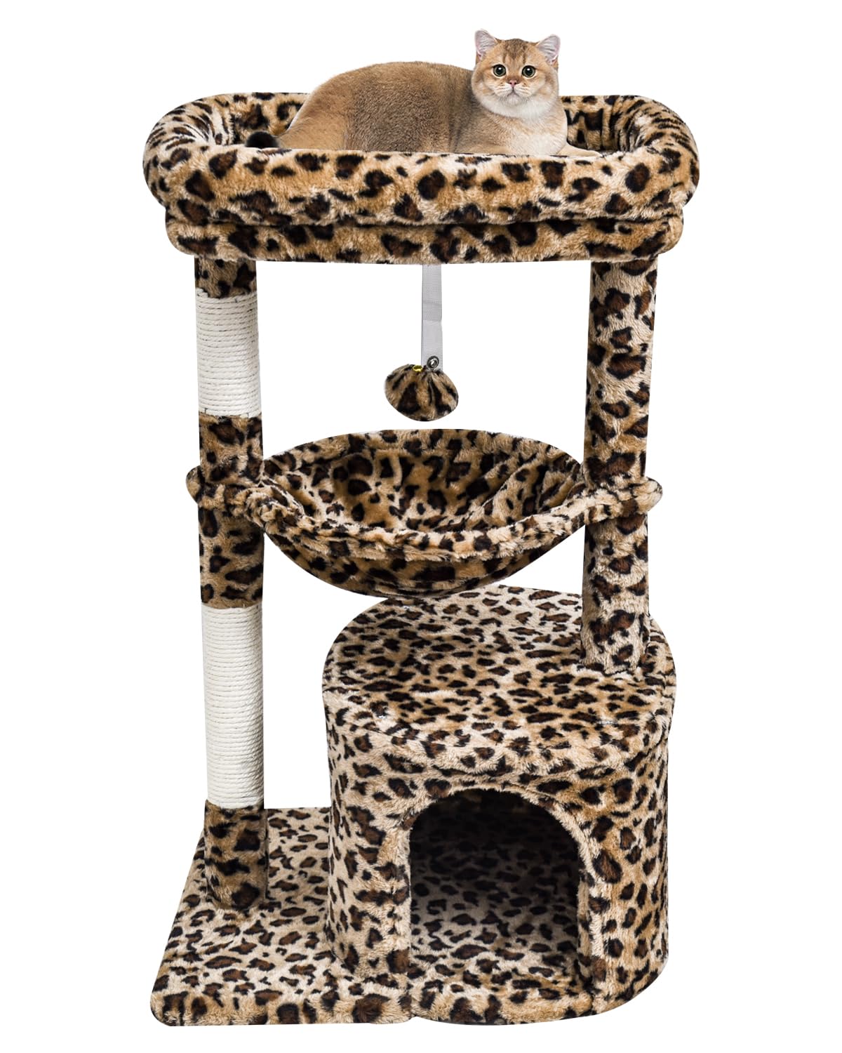 SYANDLVY Small Leopard Print Cat Tree for Indoor Cats, Cat Tower with Scratching Post, Modern Cat House with Padded Perch, Kittens Condo with Cradle, Cat Cave