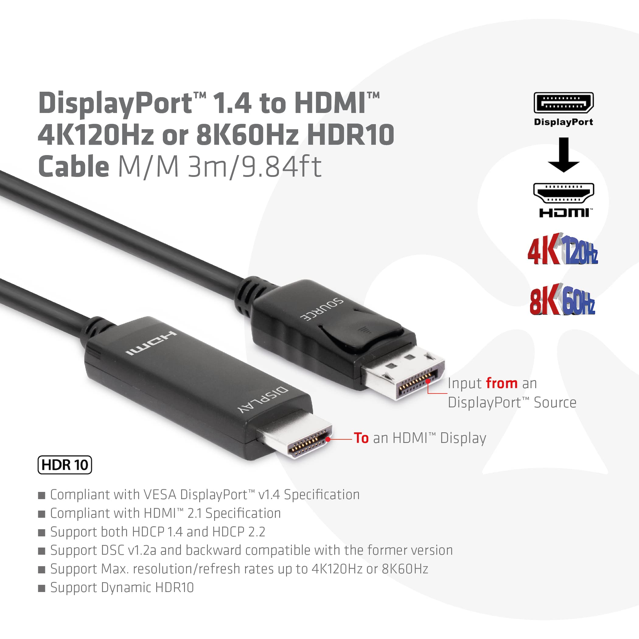 CABLE CLUB3D DISPLAYPORT 1.4 HDMI HDR 8K60HZ ACTIVO 3M