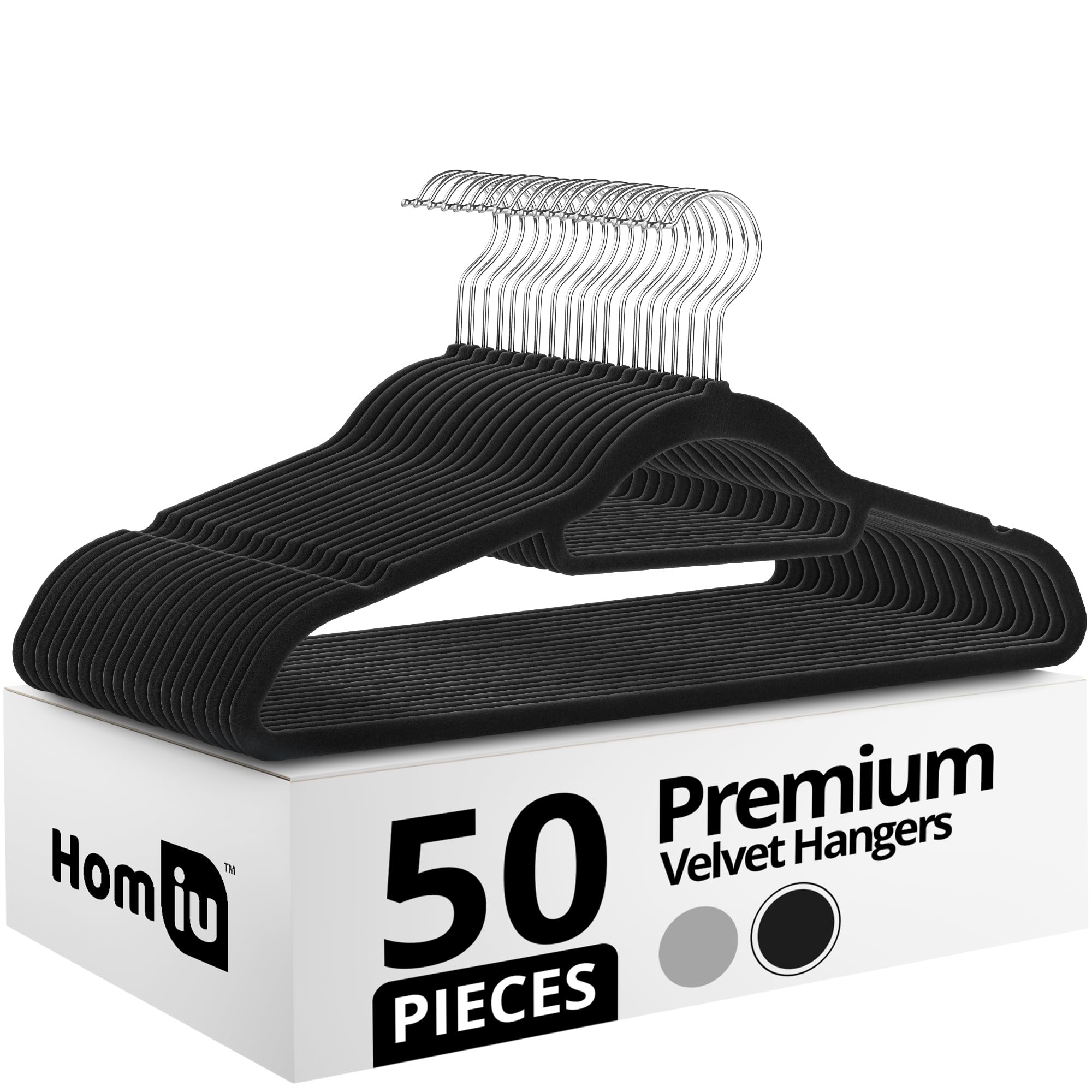 Homiu Black Velvet Hanger 50 Pack | Non-Slip Coat Hangers Adult With 360° Swivel Hook & Tie Bar | Slim Wardrobe Organiser For Home Storage & Bedroom Accessories | Hangers For Clothes, Space-Saving