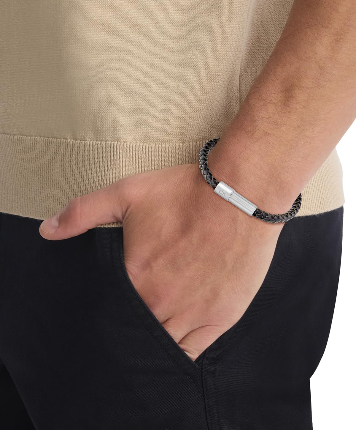 Calvin Klein Brazalete para hombre INDUSTRIAL FACETS Collection de cuero trenzado de una o doble vuelta con cierre de acero inoxidable
