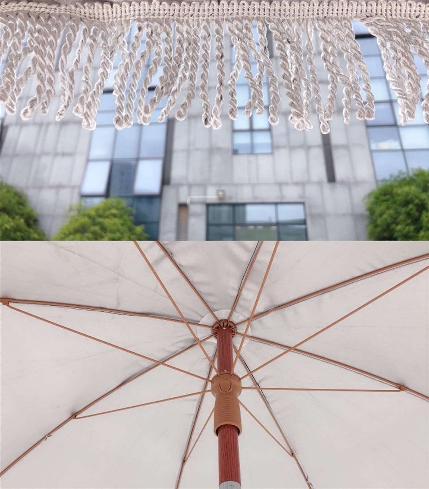 Parasole 6.5 Patio Parasol Fringe Outdoor Tassel Parasol Stalowy Słupek I Żebra Push Button Tilt Parasol Ogrodowy
