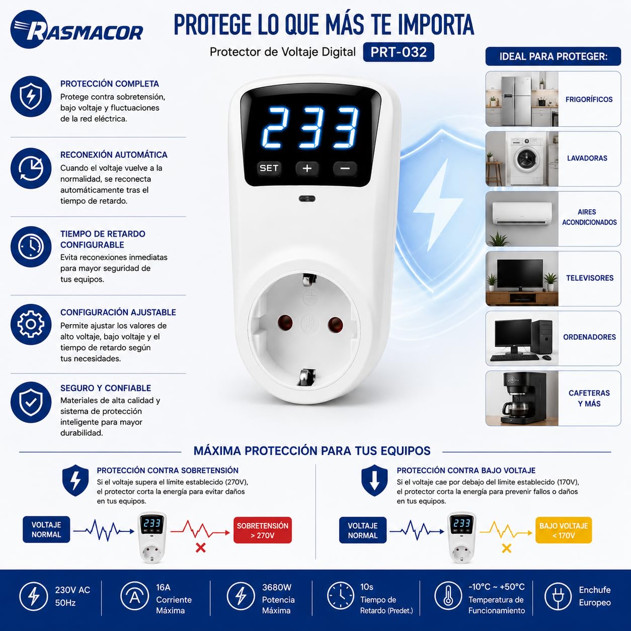 RASMACOR Protector de Voltaje Digital 16A 230V y 3680w con Enchufe | Protección contra Sobretensiones y Bajo Voltaje | Pantalla LED Digital para Electrodomésticos, Aire Acondicionado, Refrigerador