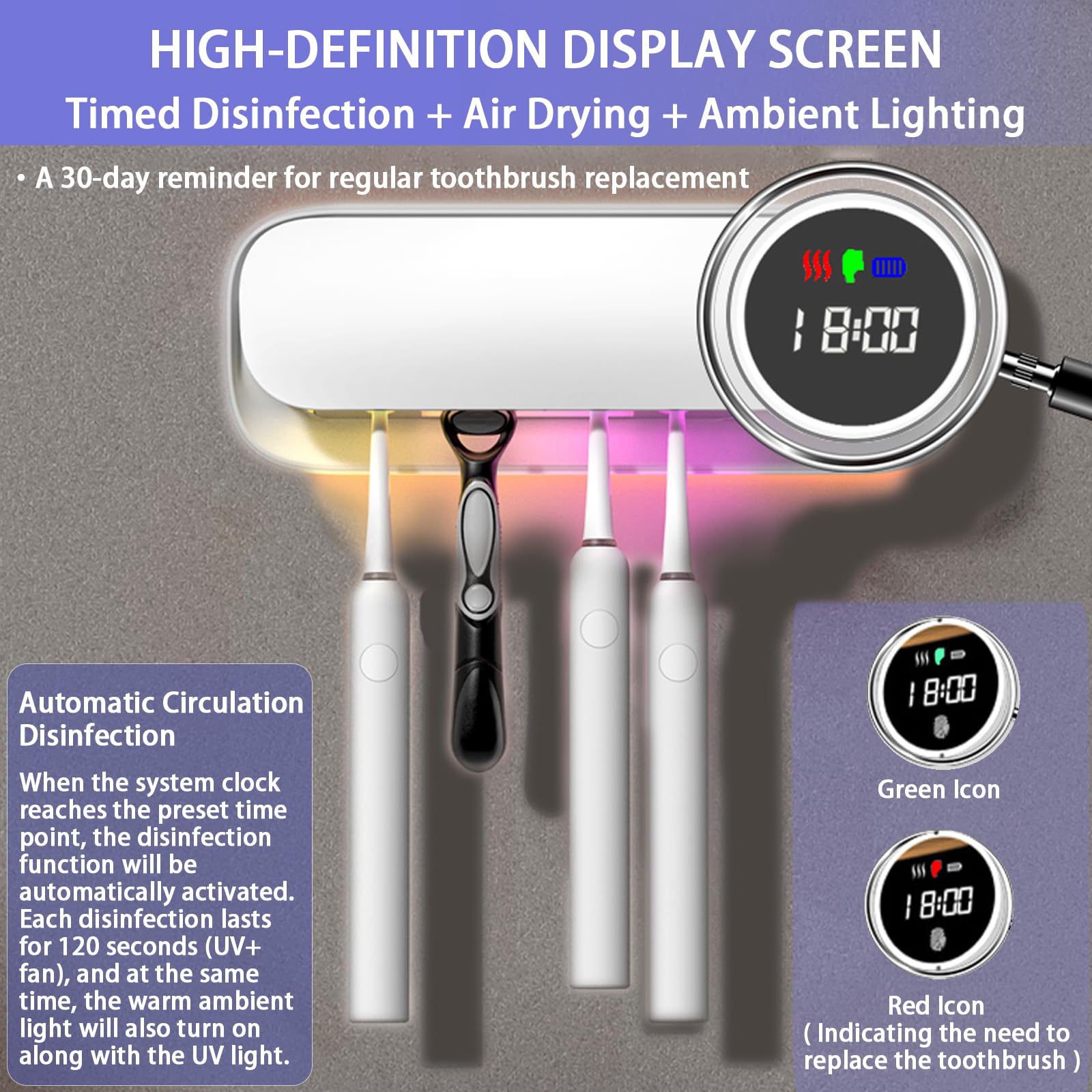 Soporte para cepillo de dientes para baño, soporte inteligente para cepillo de dientes con limpieza/secado/temporizador, 5 ranuras para cepillos de dientes montado en la pared con luz nocturna