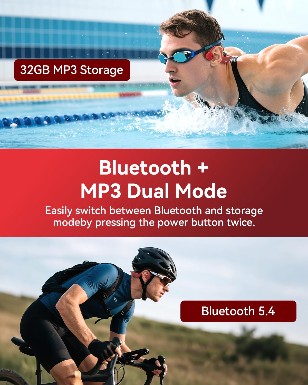 Wantek Casque de Natation, Bluetooth étanche IP68, avec mémoire de 32 Go, Lecteur MP3, écouteurs Ouverts, sans Fil pour Natation, Course à Pied