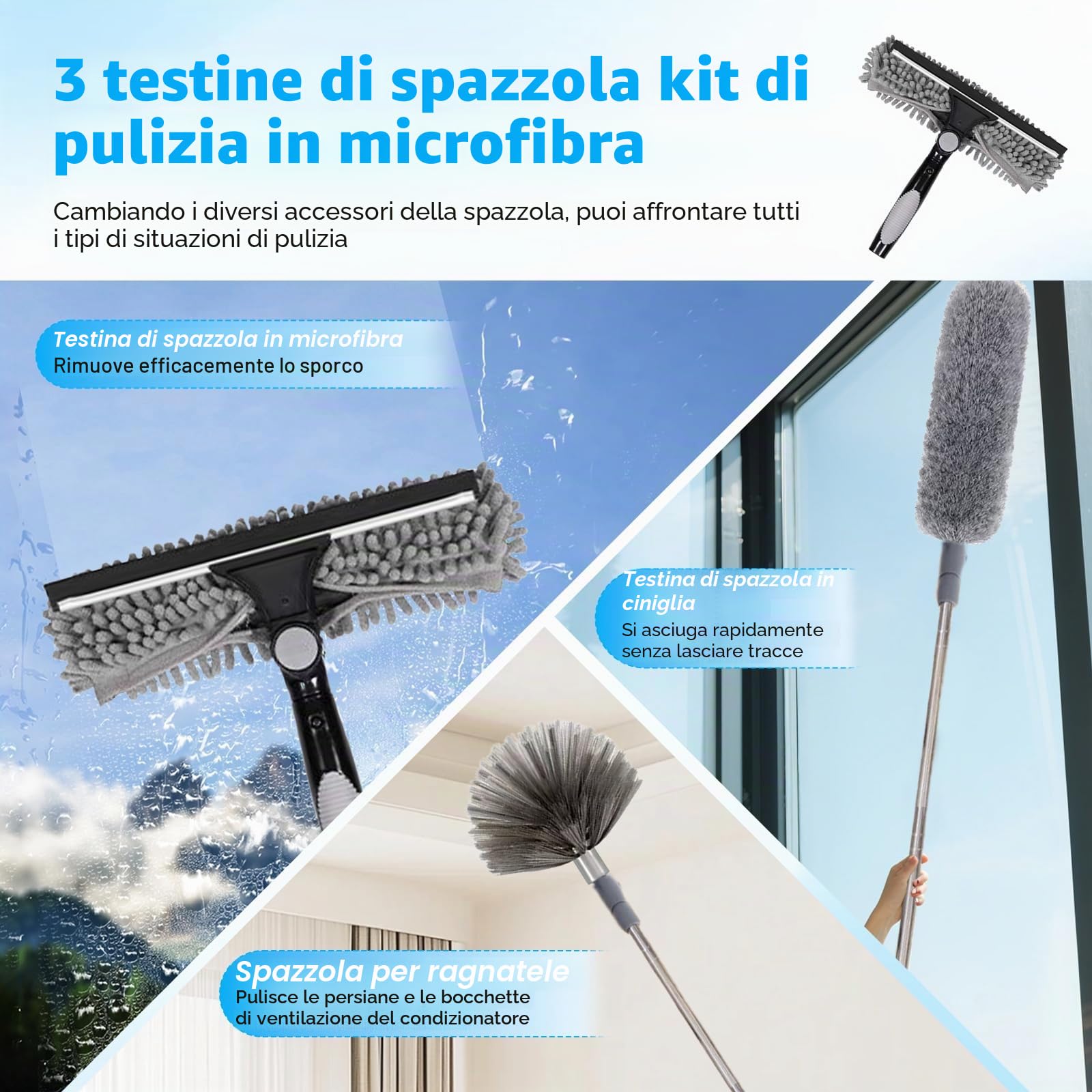 Spolverino per Polvere Allungabile,6 m Puliscivetri 3 in 1 con Asta Telescopica Lavabile Piumino Microfibra Spazzola Kit Pulizia Vetri Mobili per Ventilatore a Soffitto Persiane Tetti Mobili Ragnatele