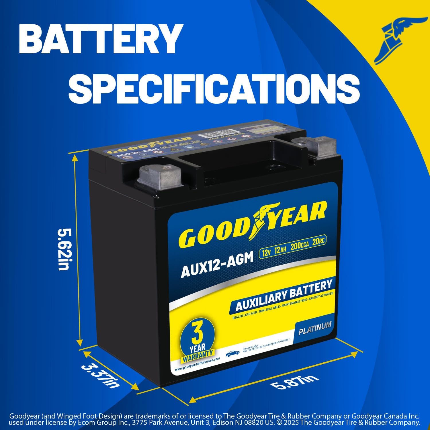 Goodyear AUX12-AGM 12V 12 AH, 20RC, 200 CCA Platinum series Rechargeable AGM Maintenance Free Auxiliary Battery