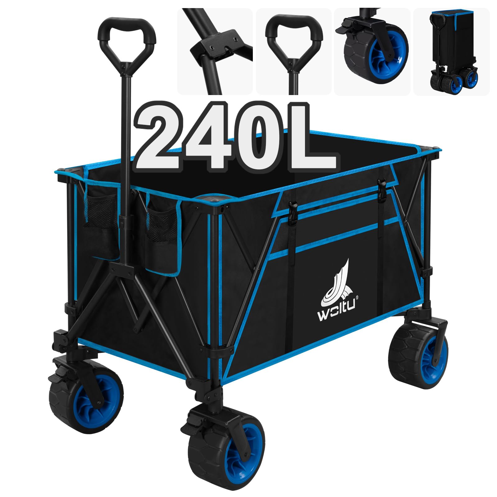 Carrello Pieghevole 3 In 1 Raynesys - Vagone Convertibile In Panchina Con Ruote Per Spiaggia E Giardino - Portata 220lbs, 120L Capacità - Nero - Foto 8